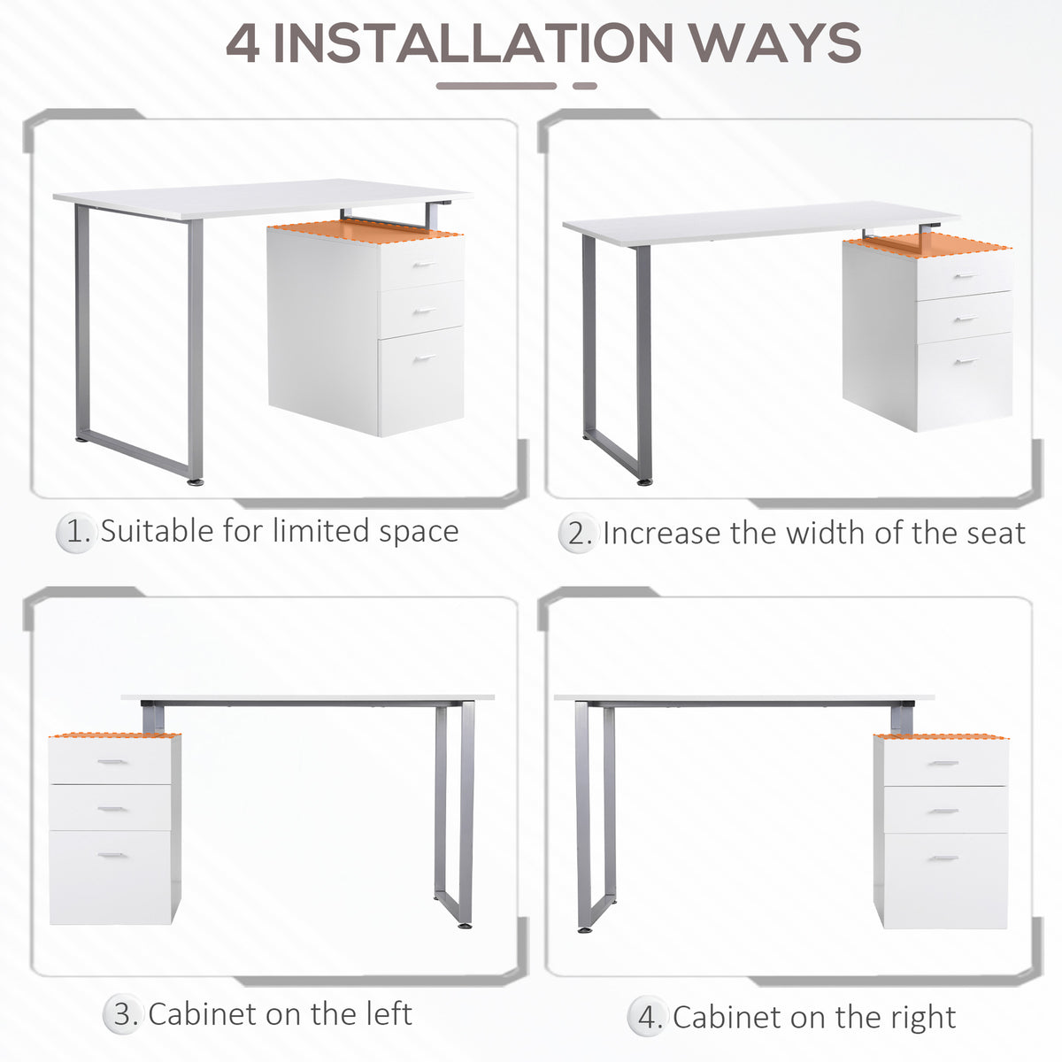 47" Reversible Desk with 3 Drawers, Metal Frame Office Workstation, White-DECOROLALA