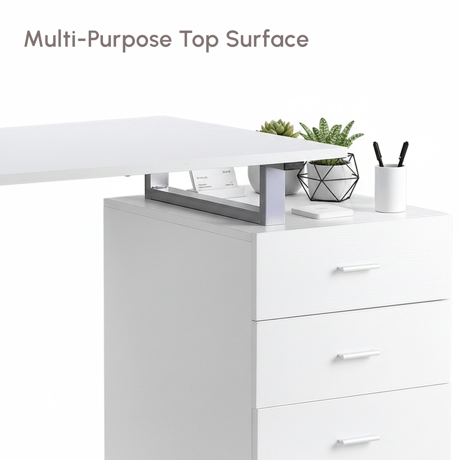 47" Reversible Desk with 3 Drawers, Metal Frame Office Workstation, White-DECOROLALA