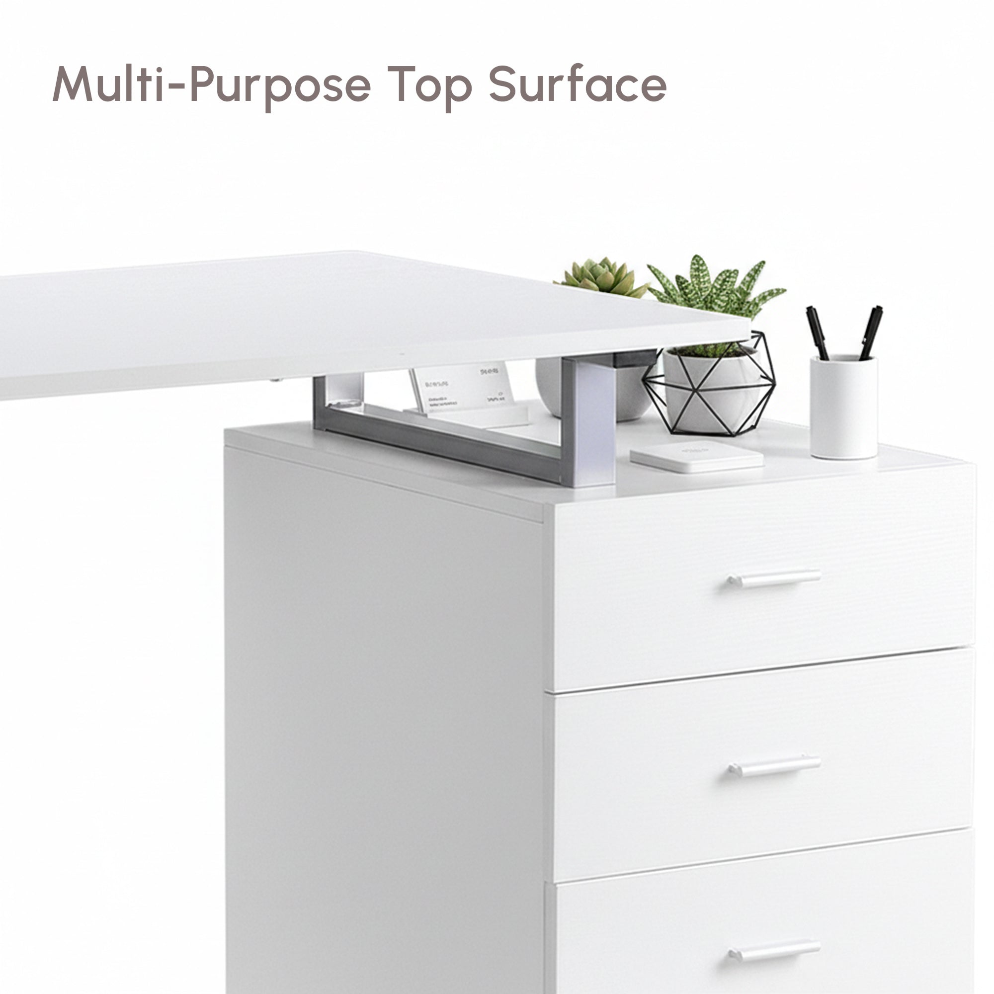 47" Reversible Desk with 3 Drawers, Metal Frame Office Workstation, White-DECOROLALA