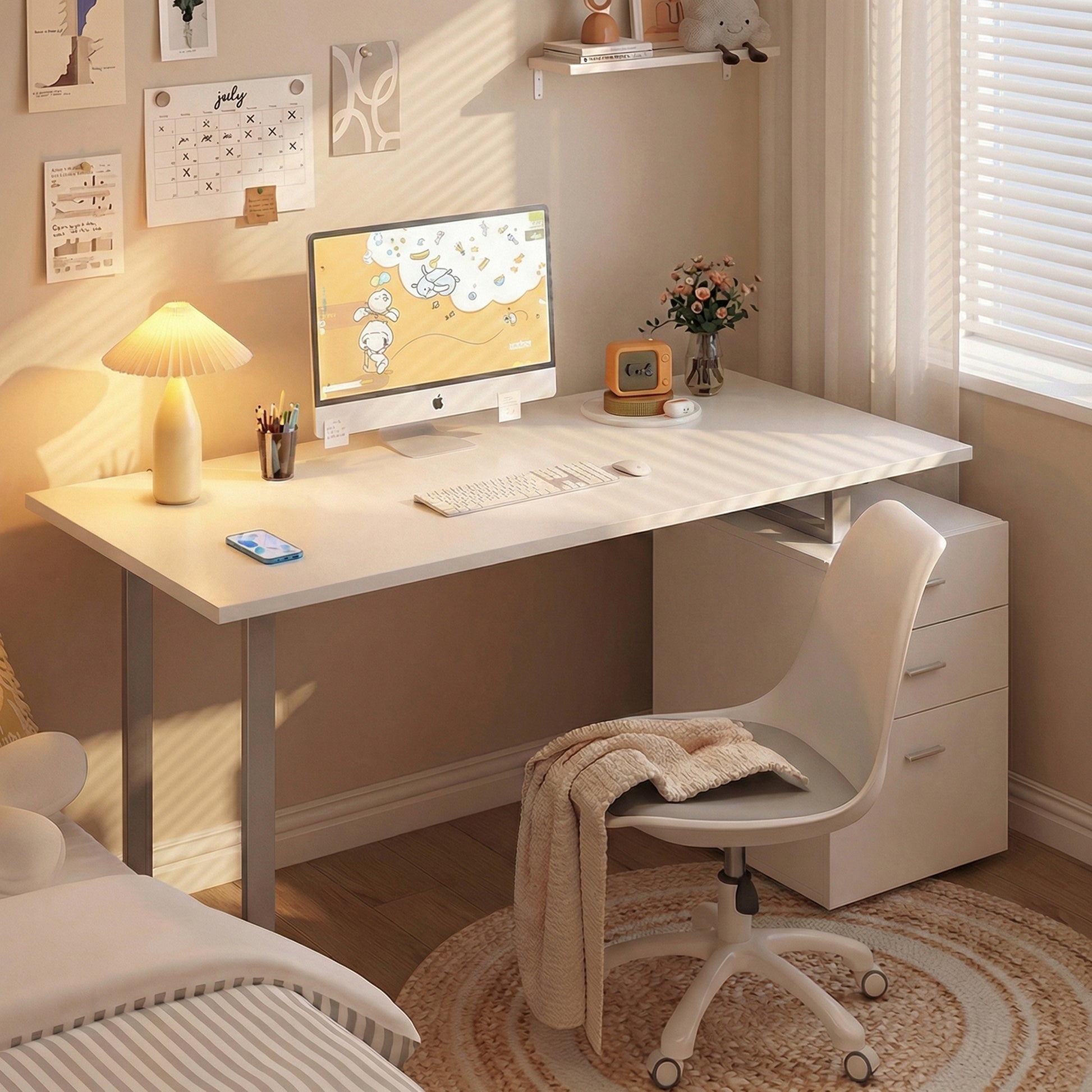 47" Reversible Desk with 3 Drawers, Metal Frame Office Workstation, White-DECOROLALA
