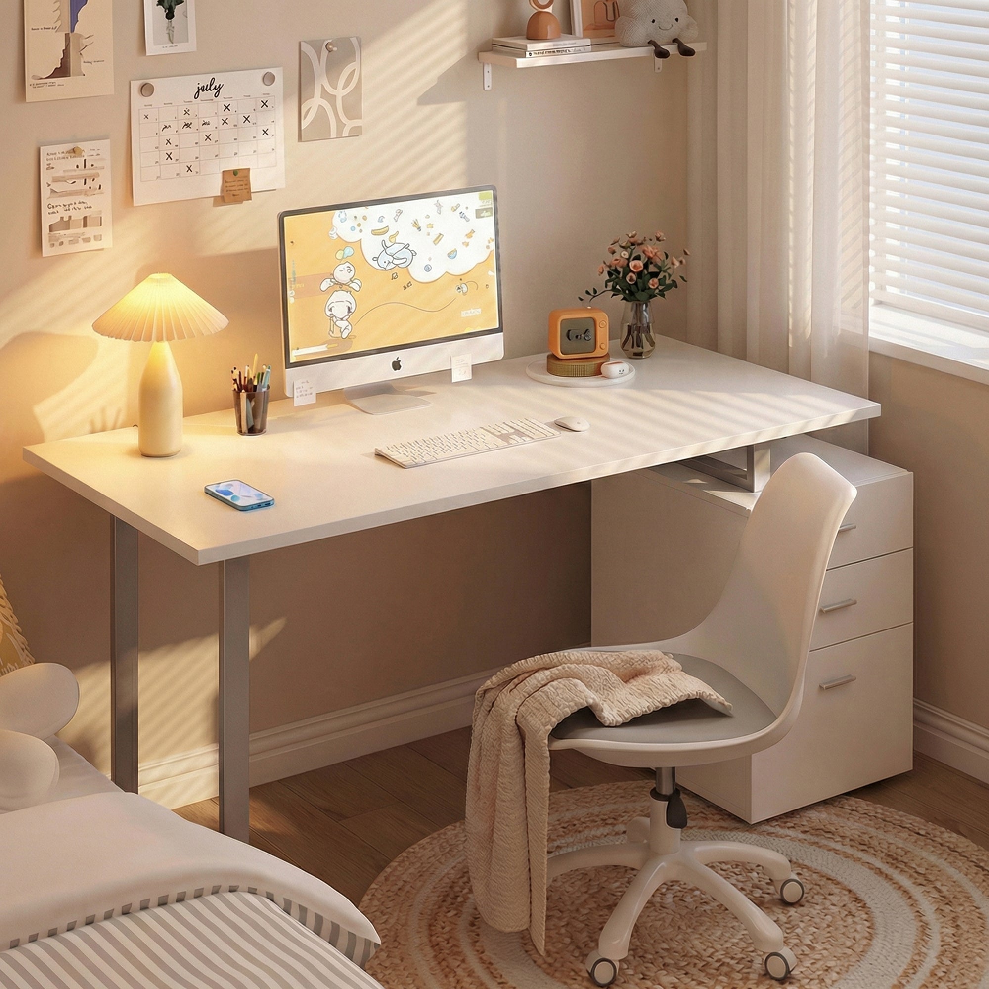 47" Reversible Desk with 3 Drawers, Metal Frame Office Workstation, White-DECOROLALA