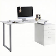 47" Reversible Desk with 3 Drawers, Metal Frame Office Workstation, White-DECOROLALA