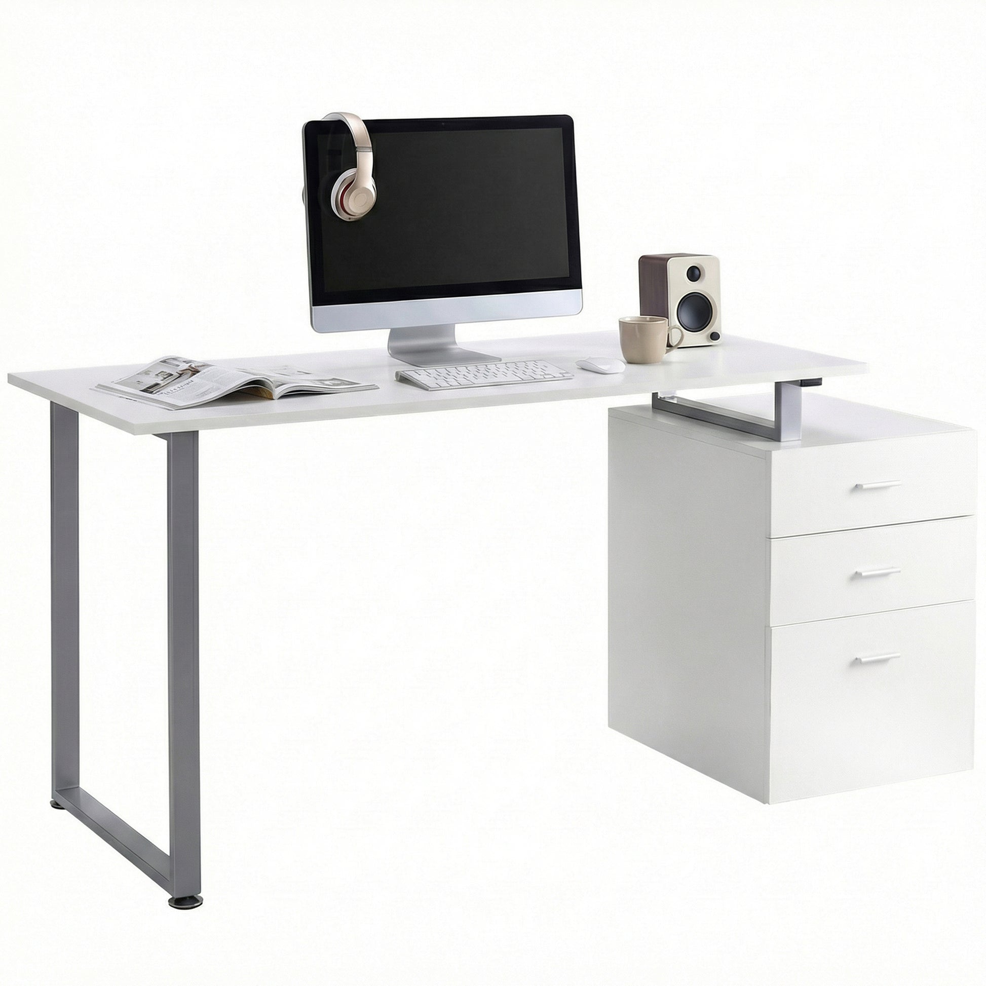 47" Reversible Desk with 3 Drawers, Metal Frame Office Workstation, White-DECOROLALA