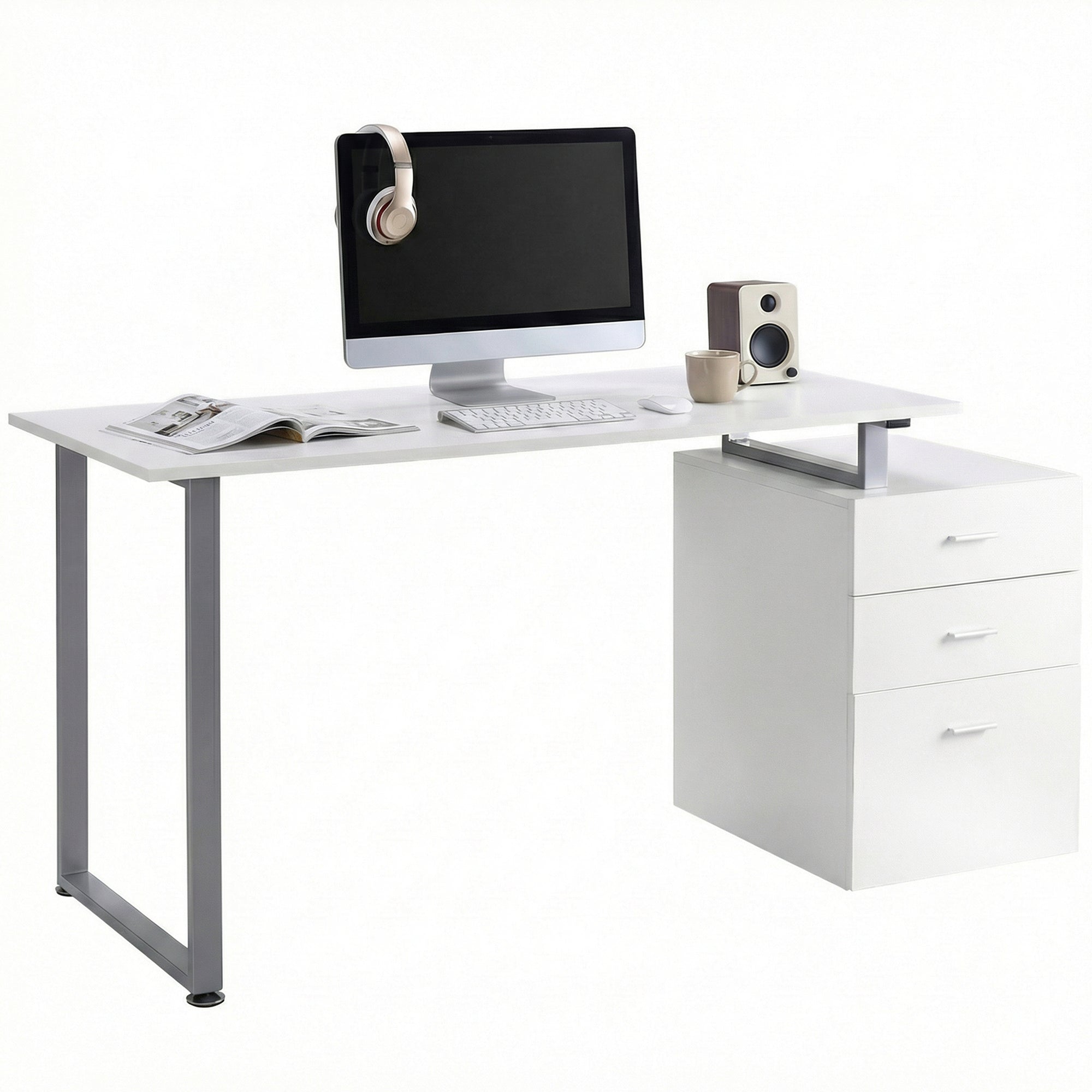 47" Reversible Desk with 3 Drawers, Metal Frame Office Workstation, White-DECOROLALA