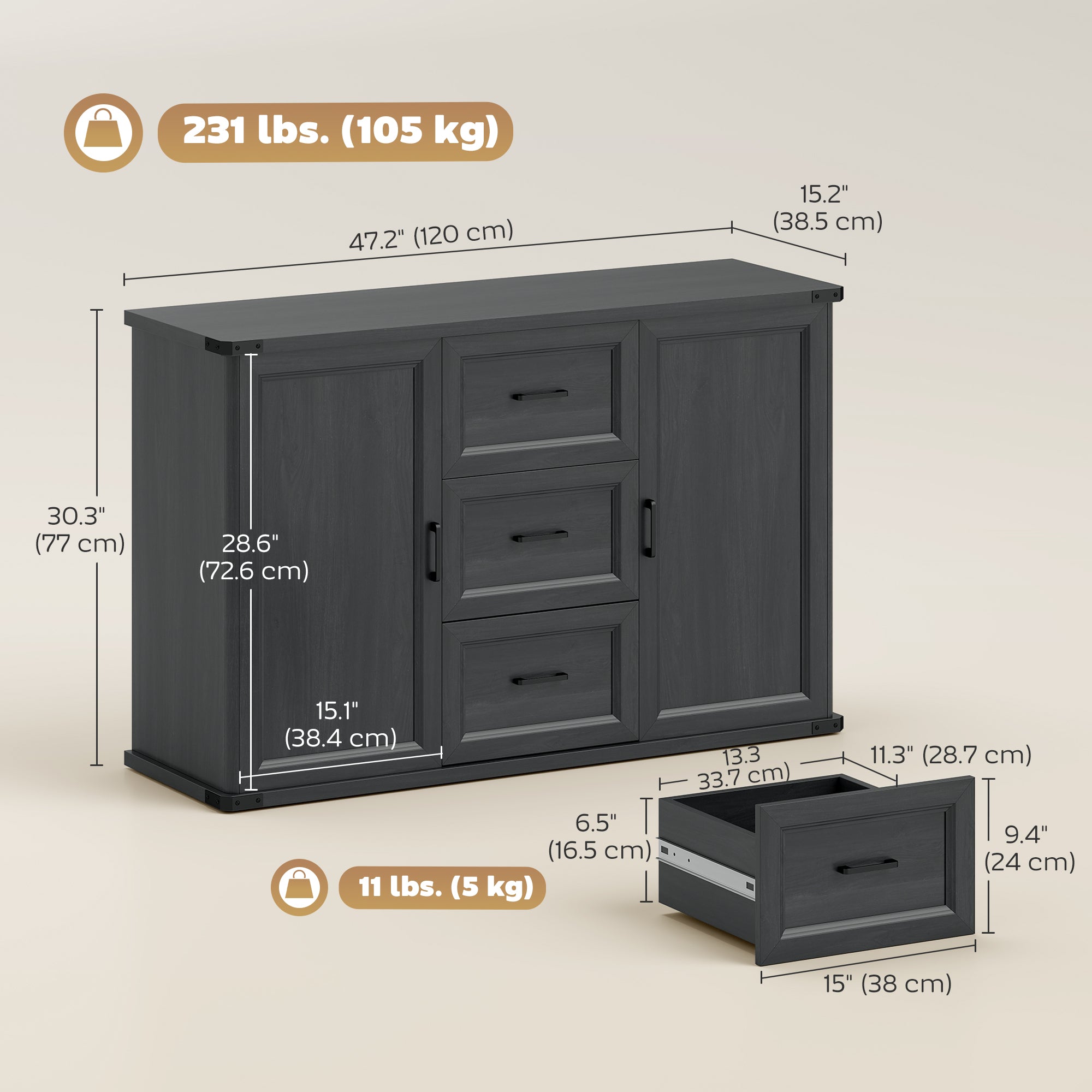 47" Sideboard Buffet Cabinet - Black Wood Grain-DECOROLALA