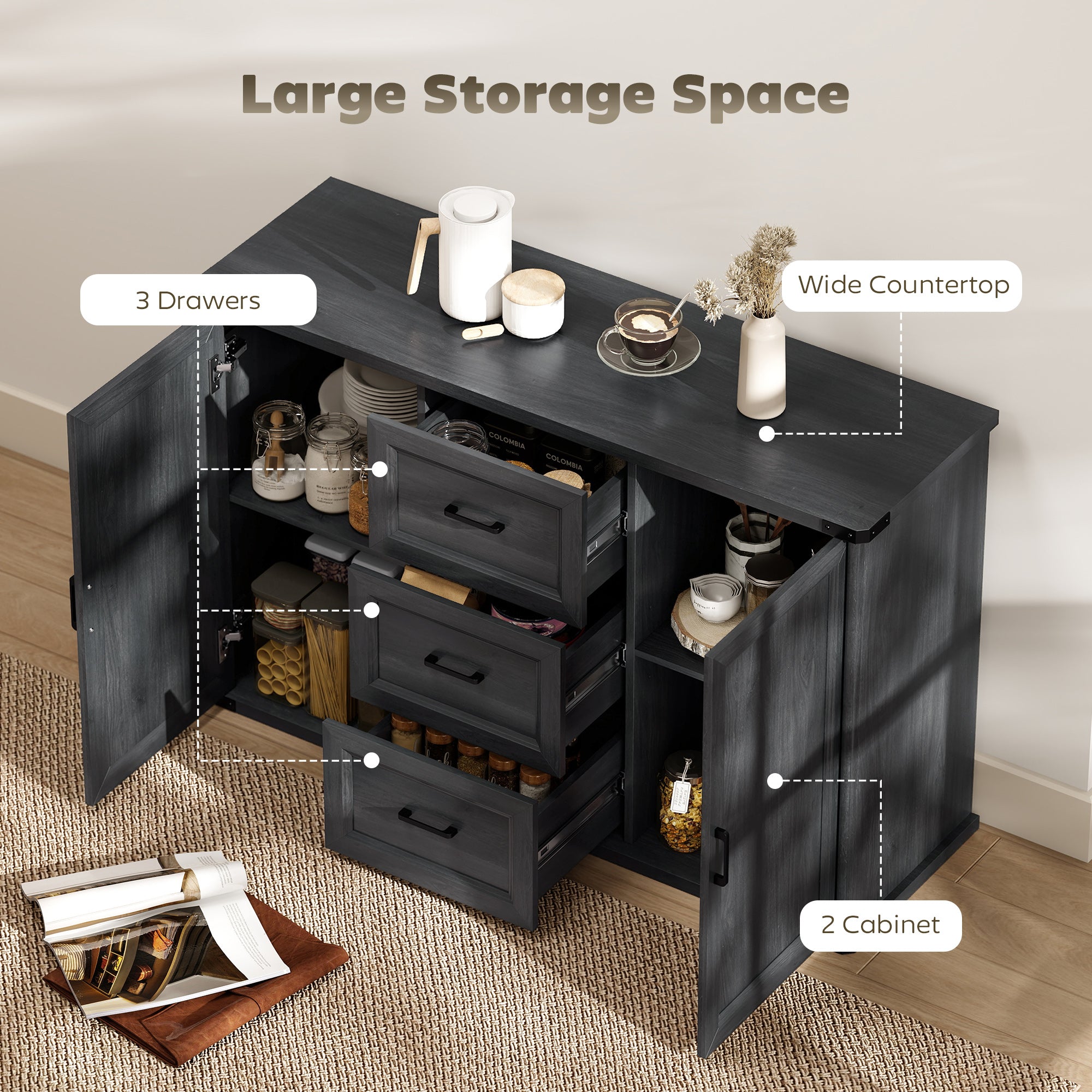 47" Sideboard Buffet Cabinet - Black Wood Grain-DECOROLALA