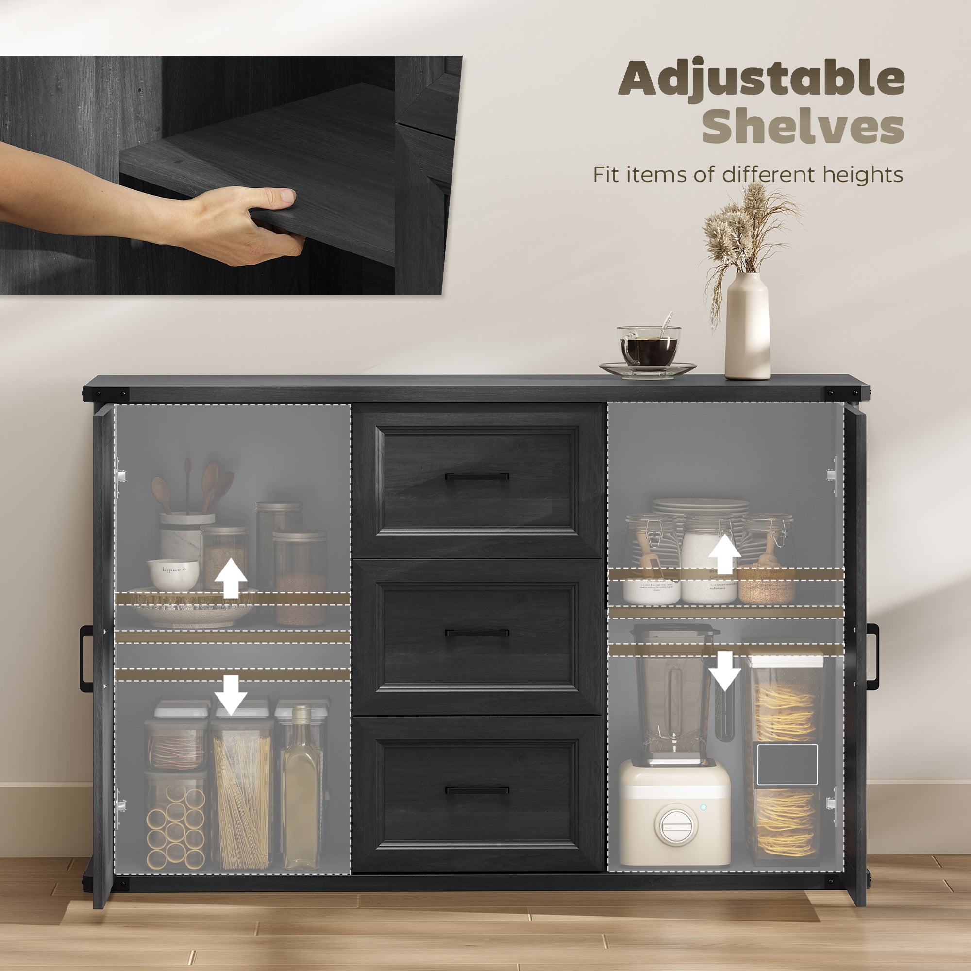 47" Sideboard Buffet Cabinet - Black Wood Grain-DECOROLALA