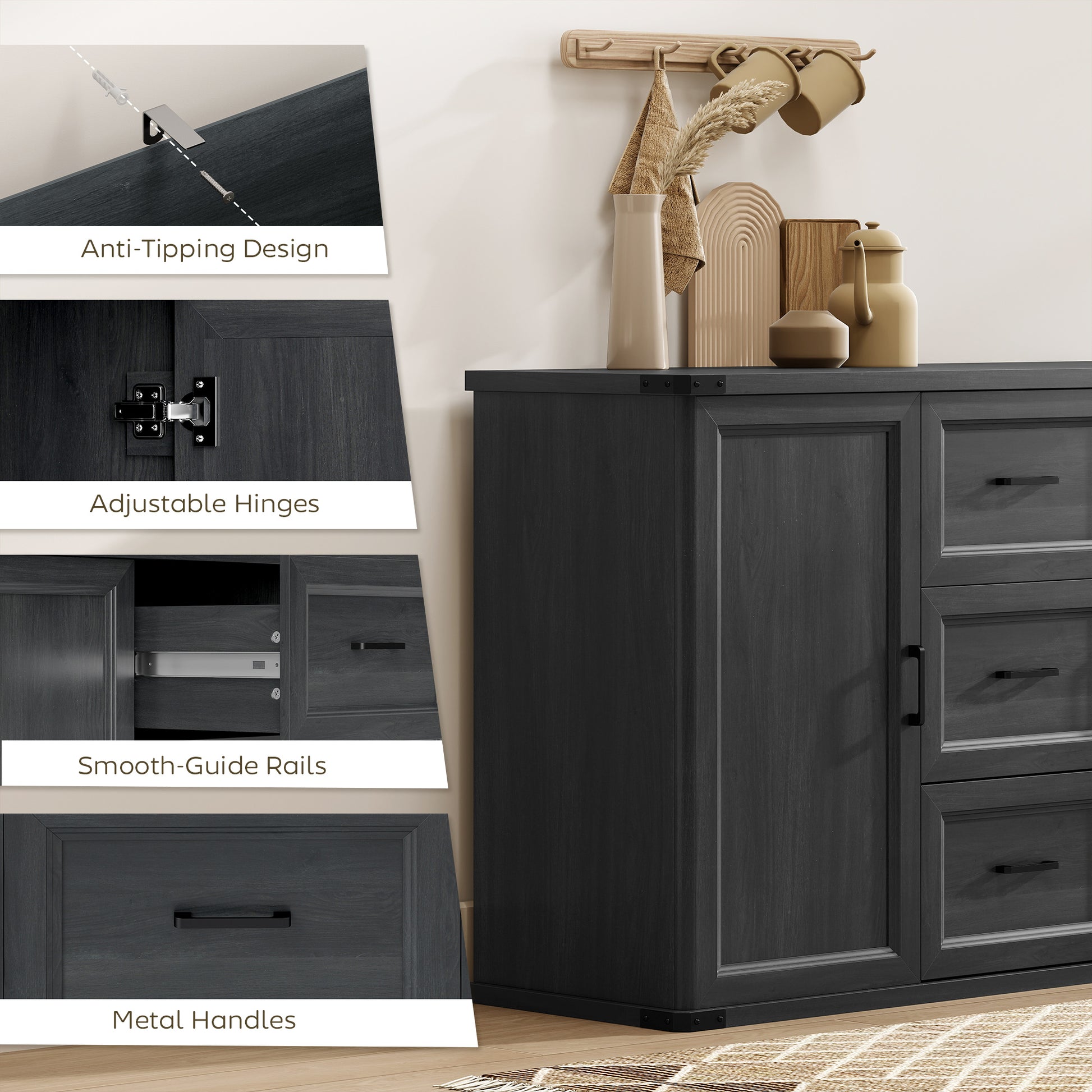 47" Sideboard Buffet Cabinet - Black Wood Grain-DECOROLALA