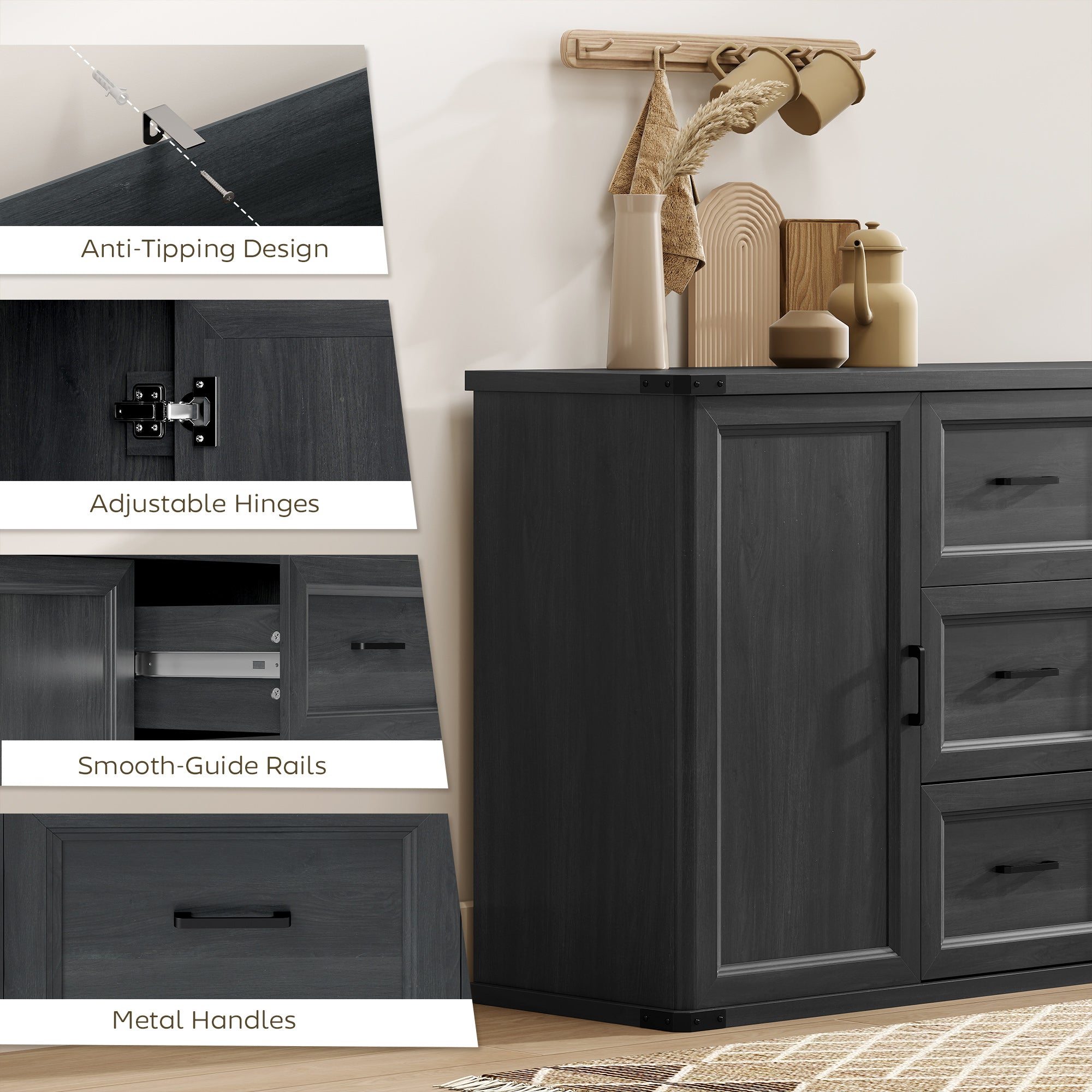 47" Sideboard Buffet Cabinet - Black Wood Grain-DECOROLALA