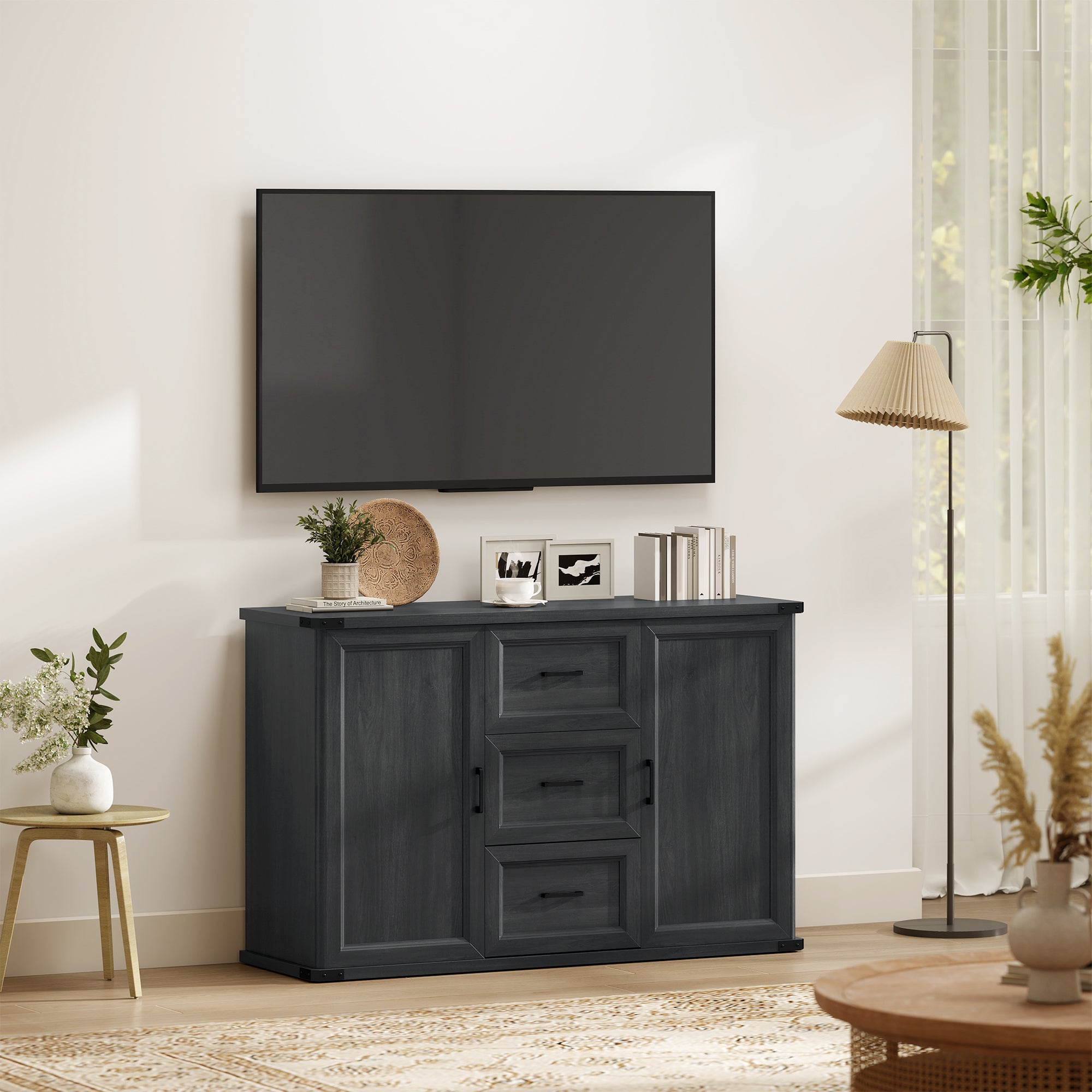 47" Sideboard Buffet Cabinet - Black Wood Grain-DECOROLALA
