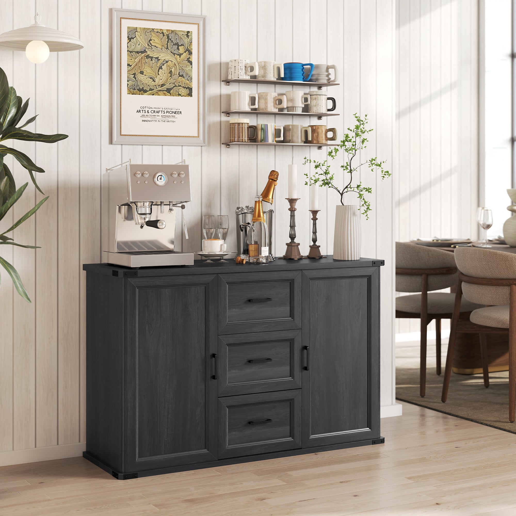 47" Sideboard Buffet Cabinet - Black Wood Grain-DECOROLALA