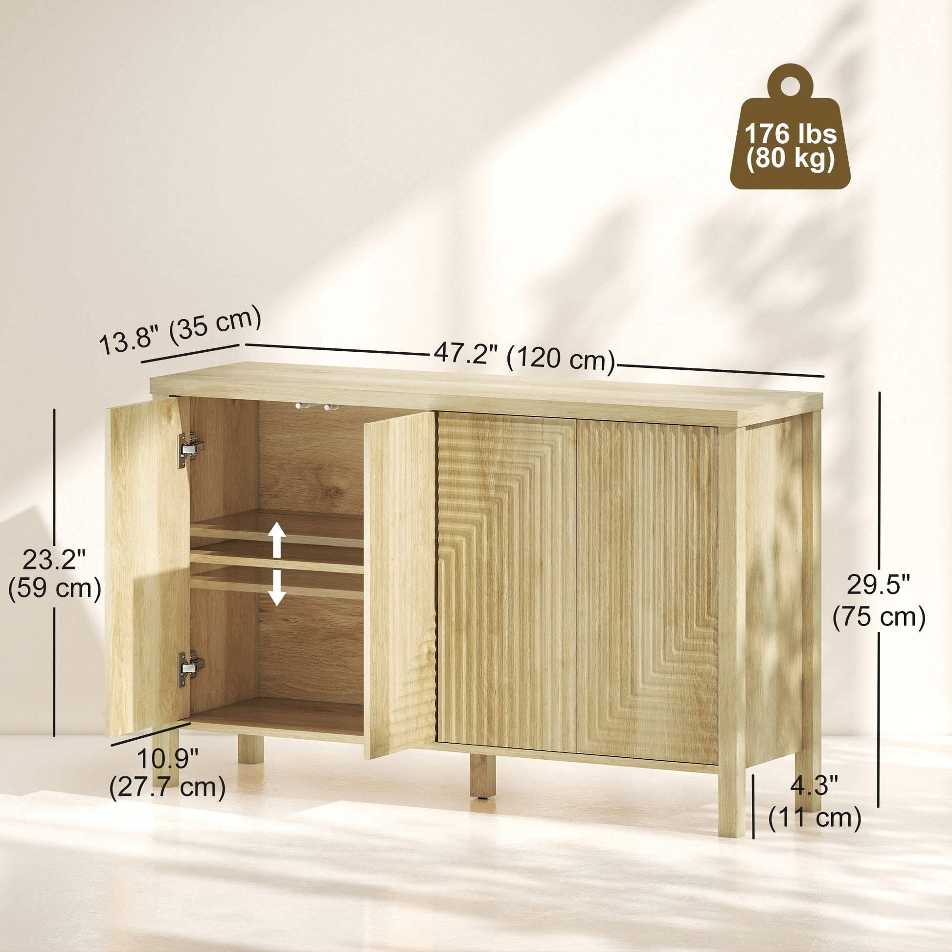 47" Sideboard Buffet Cabinet - Fluted 4-Door Natural-DECOROLALA