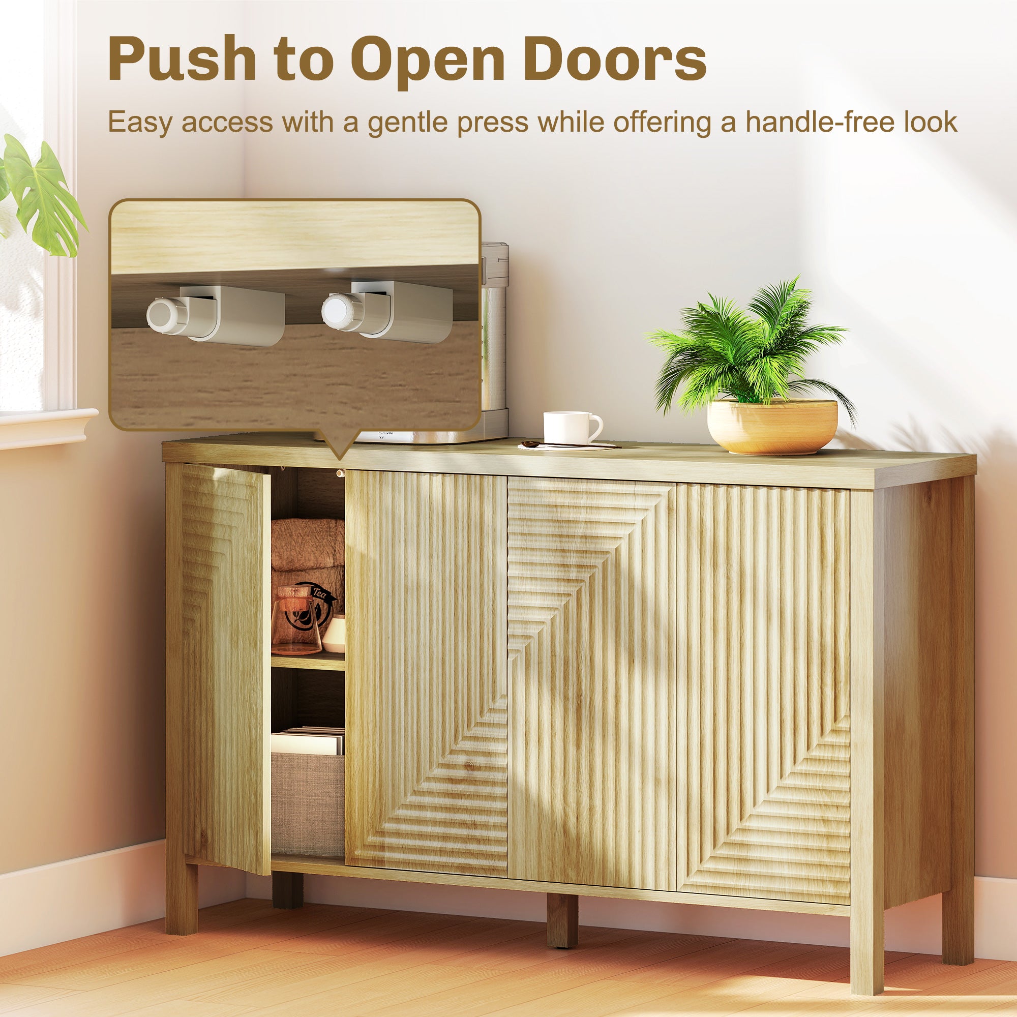 47" Sideboard Buffet Cabinet - Fluted 4-Door Natural-DECOROLALA