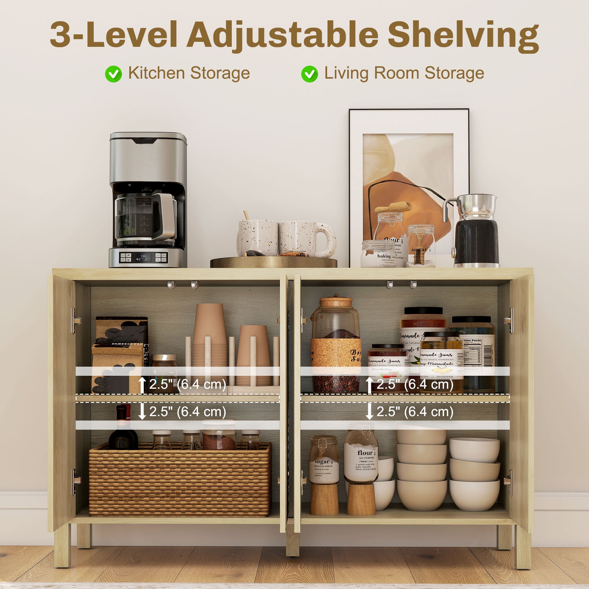 47" Sideboard Buffet Cabinet - Fluted 4-Door Natural-DECOROLALA
