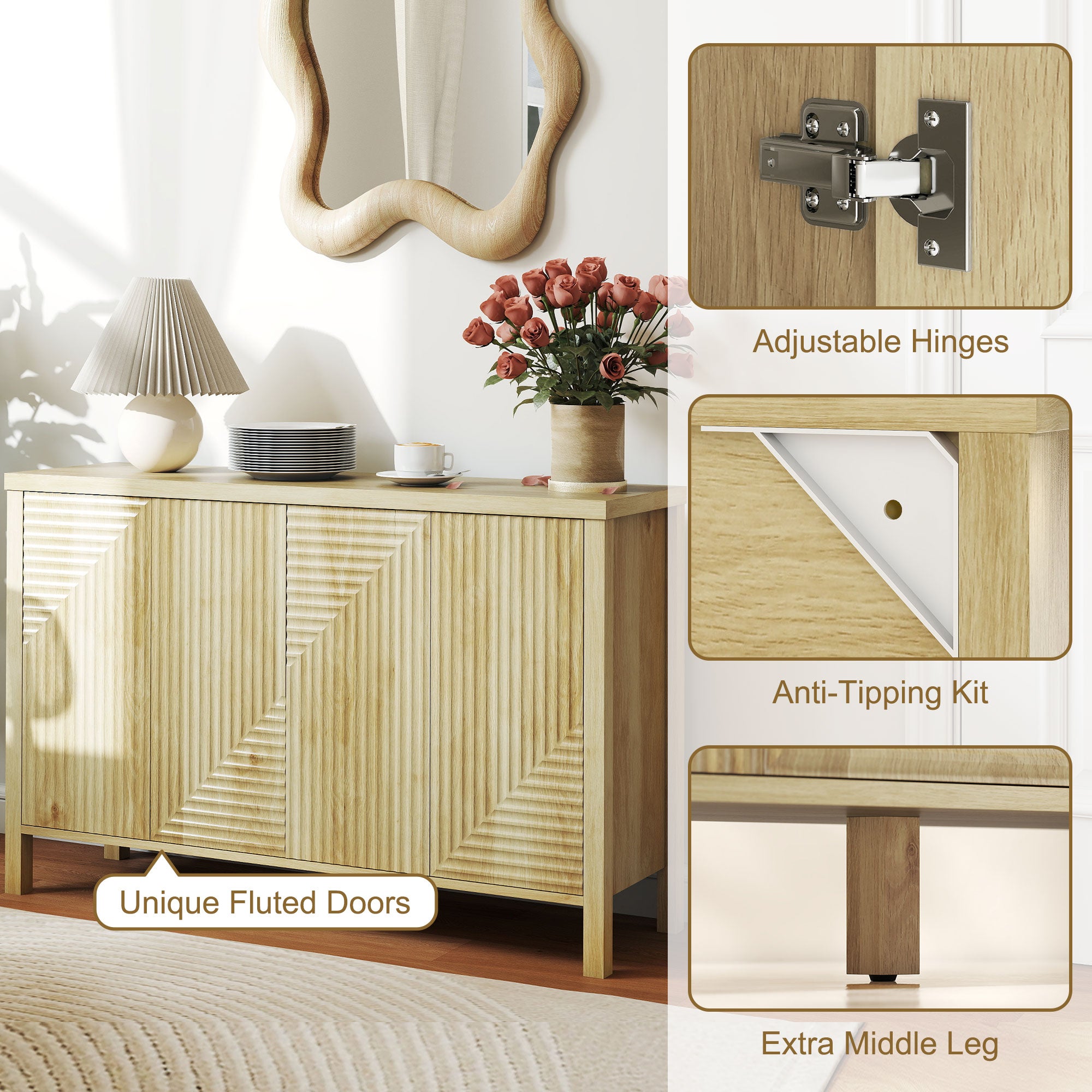 47" Sideboard Buffet Cabinet - Fluted 4-Door Natural-DECOROLALA