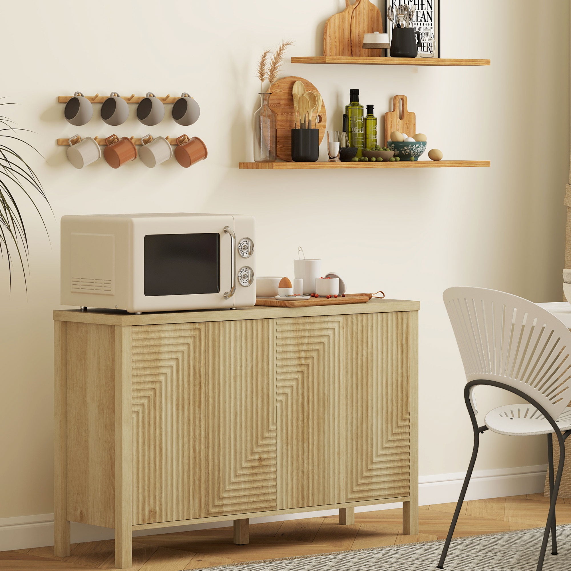 47" Sideboard Buffet Cabinet - Fluted 4-Door Natural-DECOROLALA