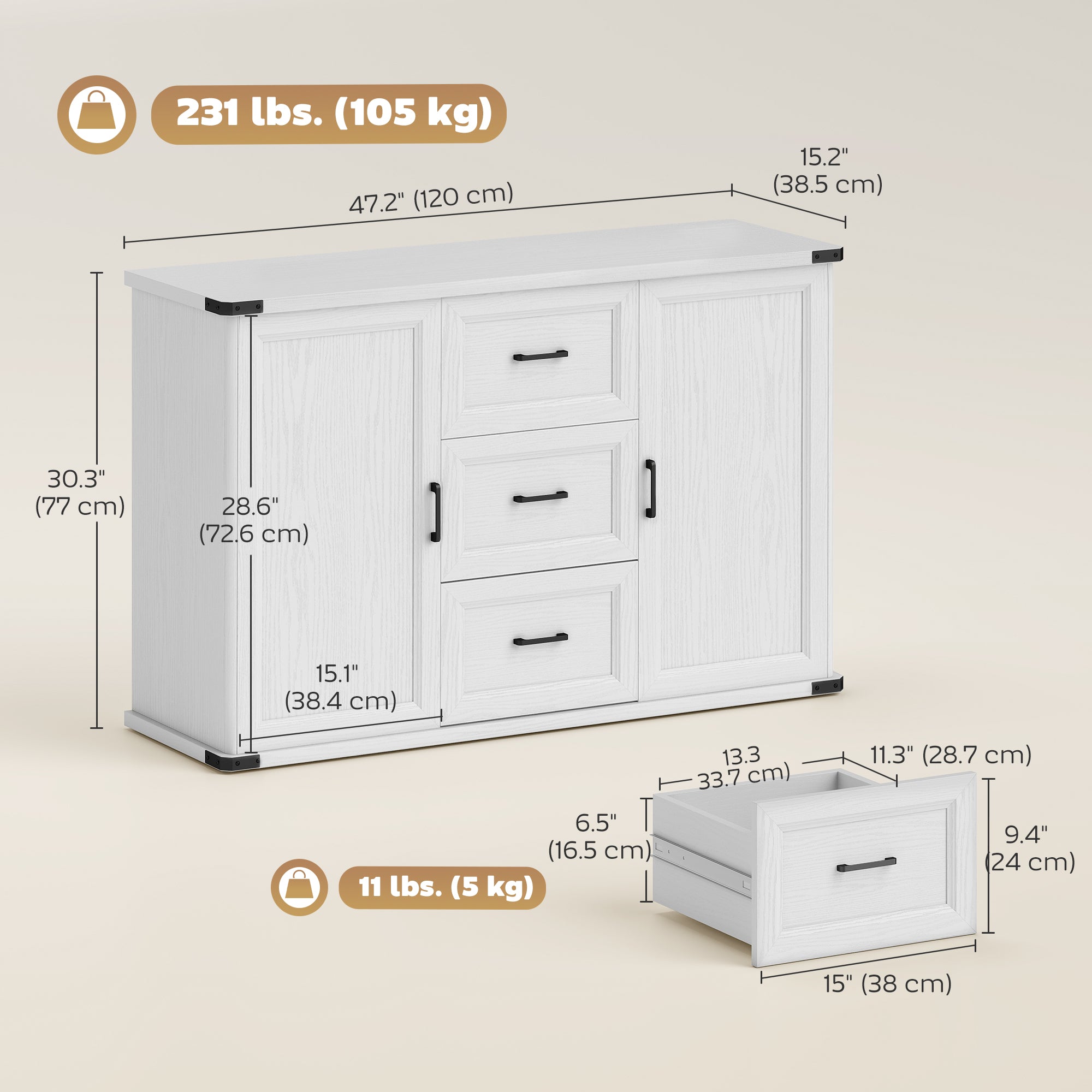 47" Sideboard Buffet Cabinet - White Wood Grain-DECOROLALA