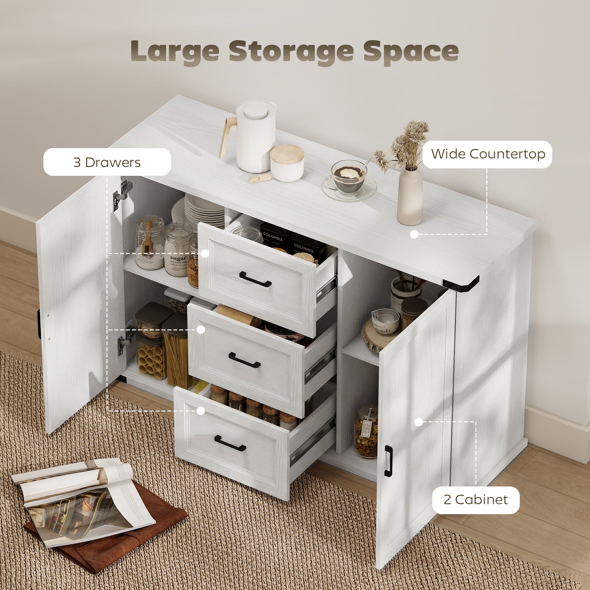 47" Sideboard Buffet Cabinet - White Wood Grain-DECOROLALA