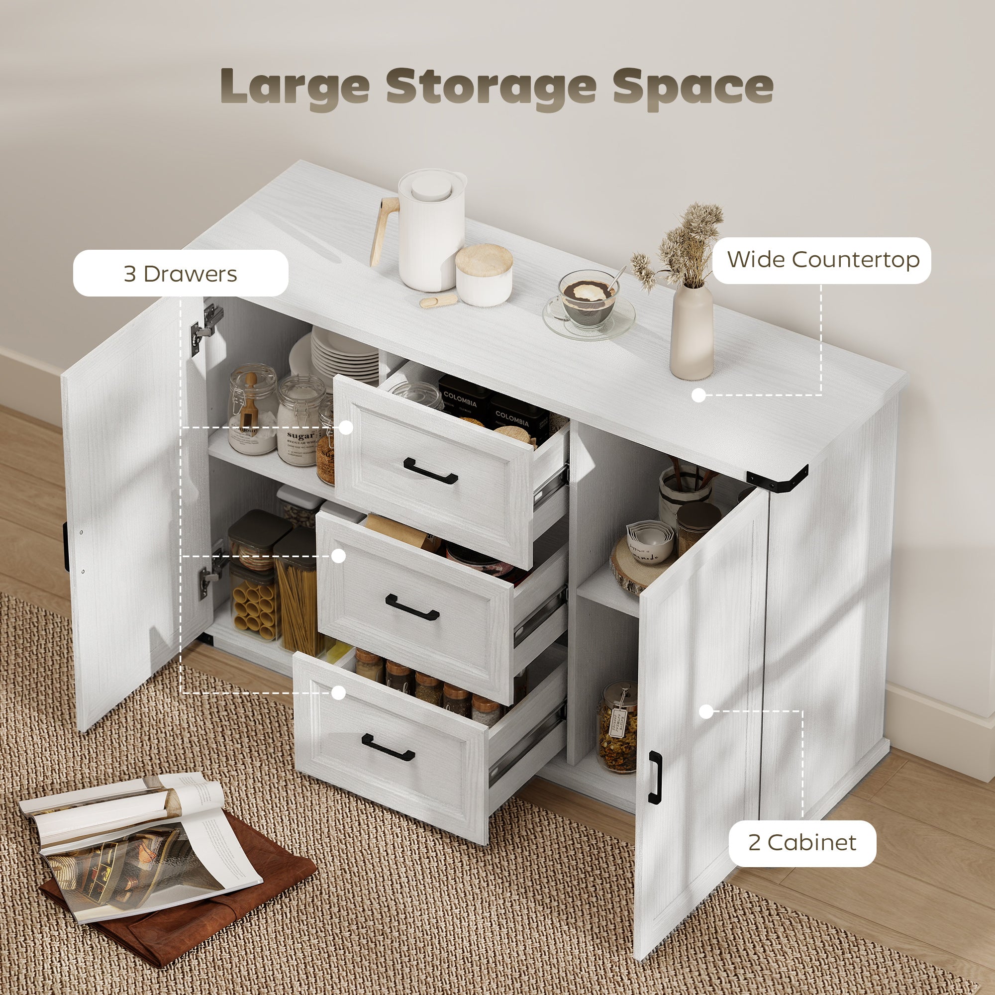 47" Sideboard Buffet Cabinet - White Wood Grain-DECOROLALA