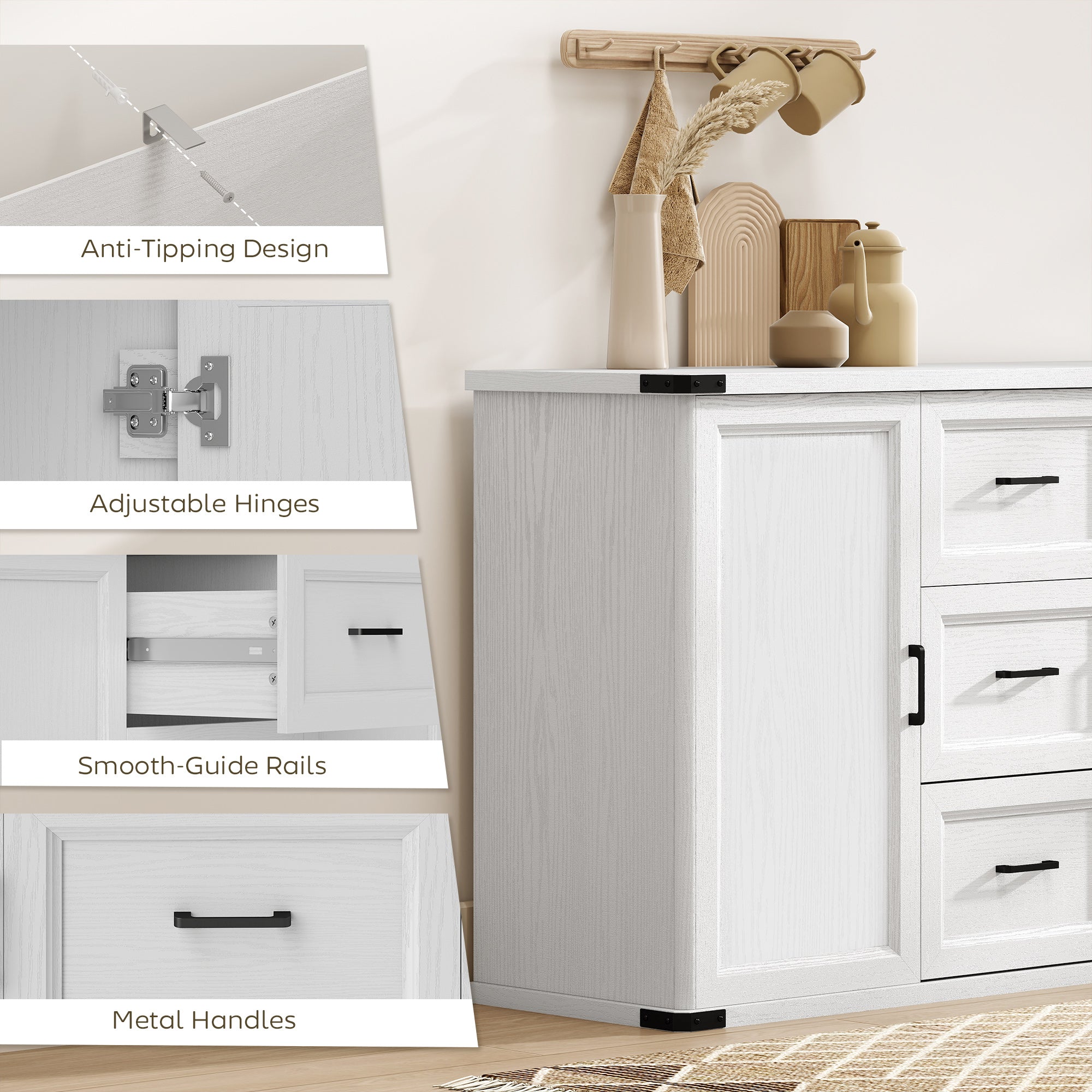 47" Sideboard Buffet Cabinet - White Wood Grain-DECOROLALA