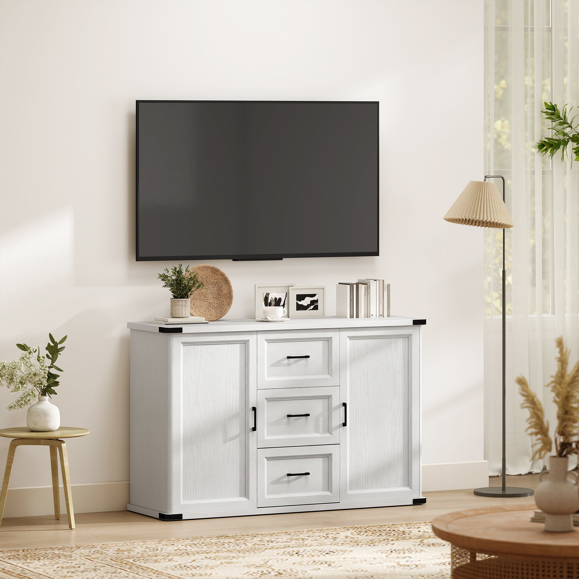 47" Sideboard Buffet Cabinet - White Wood Grain-DECOROLALA