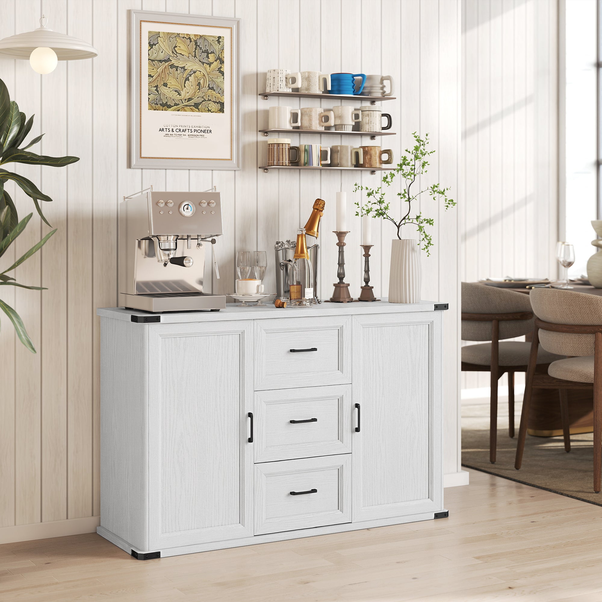 47" Sideboard Buffet Cabinet - White Wood Grain-DECOROLALA