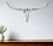 47" Silver Buffed Aluminum Long Horn Wall Sculpture-Sculptures-DECOROLALA
