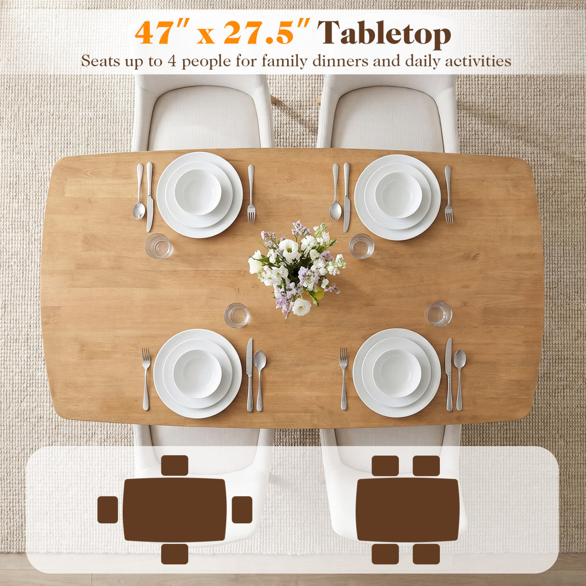 47" Solid Wood Dining Table for 4 People with Rounded Edges-Natural-Dining Tables-DECOROLALA