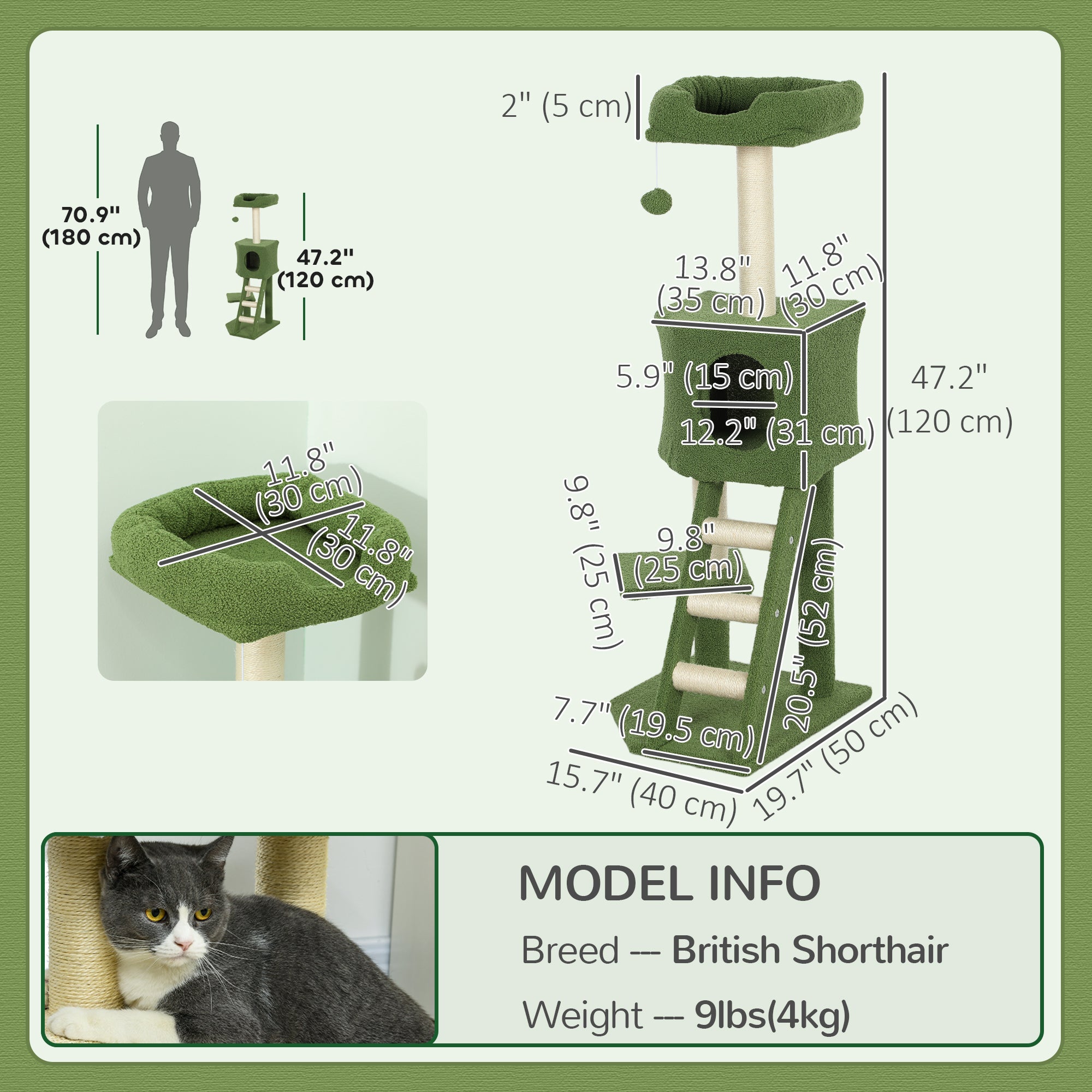 47" Tall Cat Tree Tower with Condo, Ladder, Scratching Posts and Hanging Ball, Green-Cats-DECOROLALA