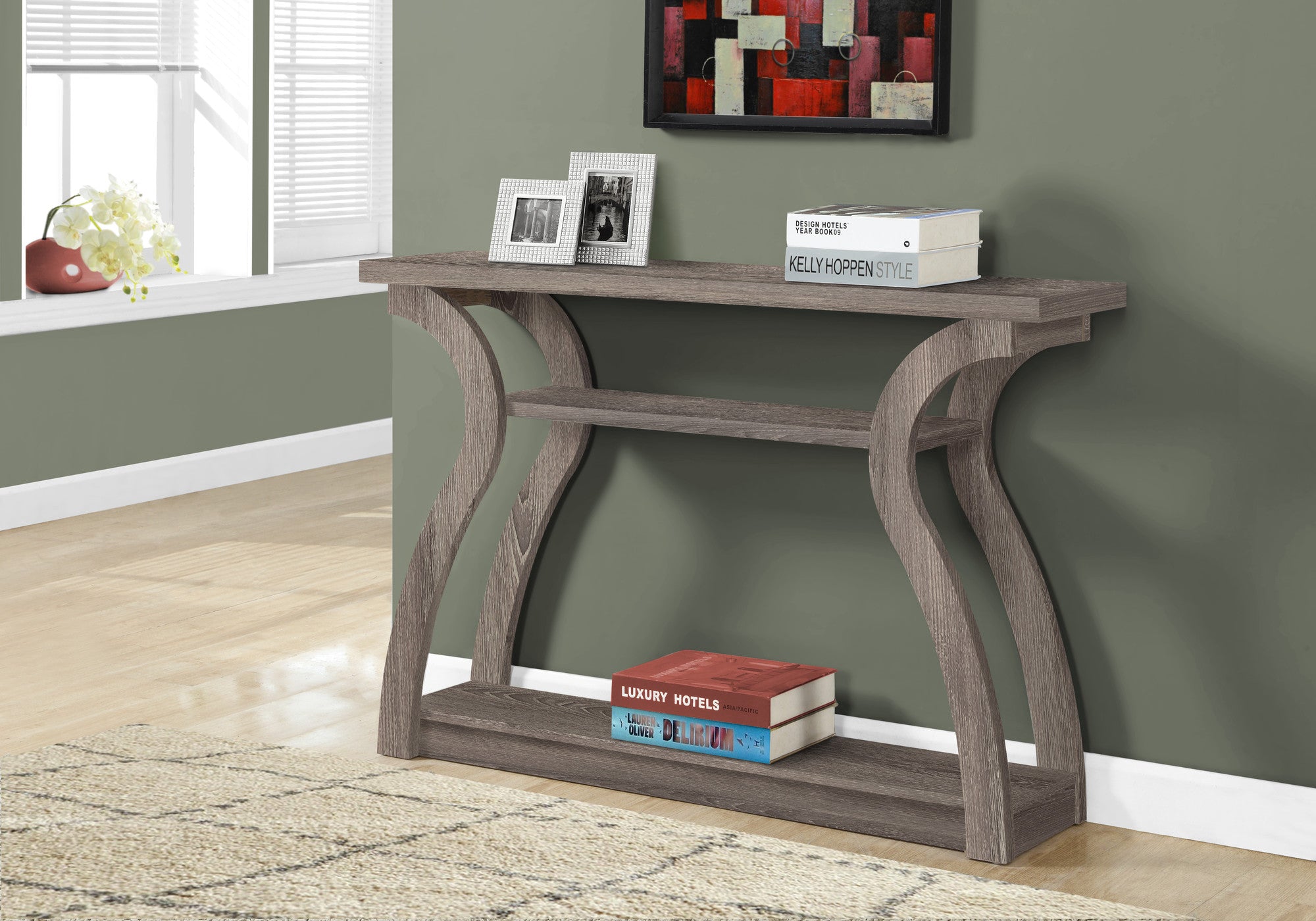 47" Taupe Floor Shelf Console Table With Storage-Console Tables-DECOROLALA
