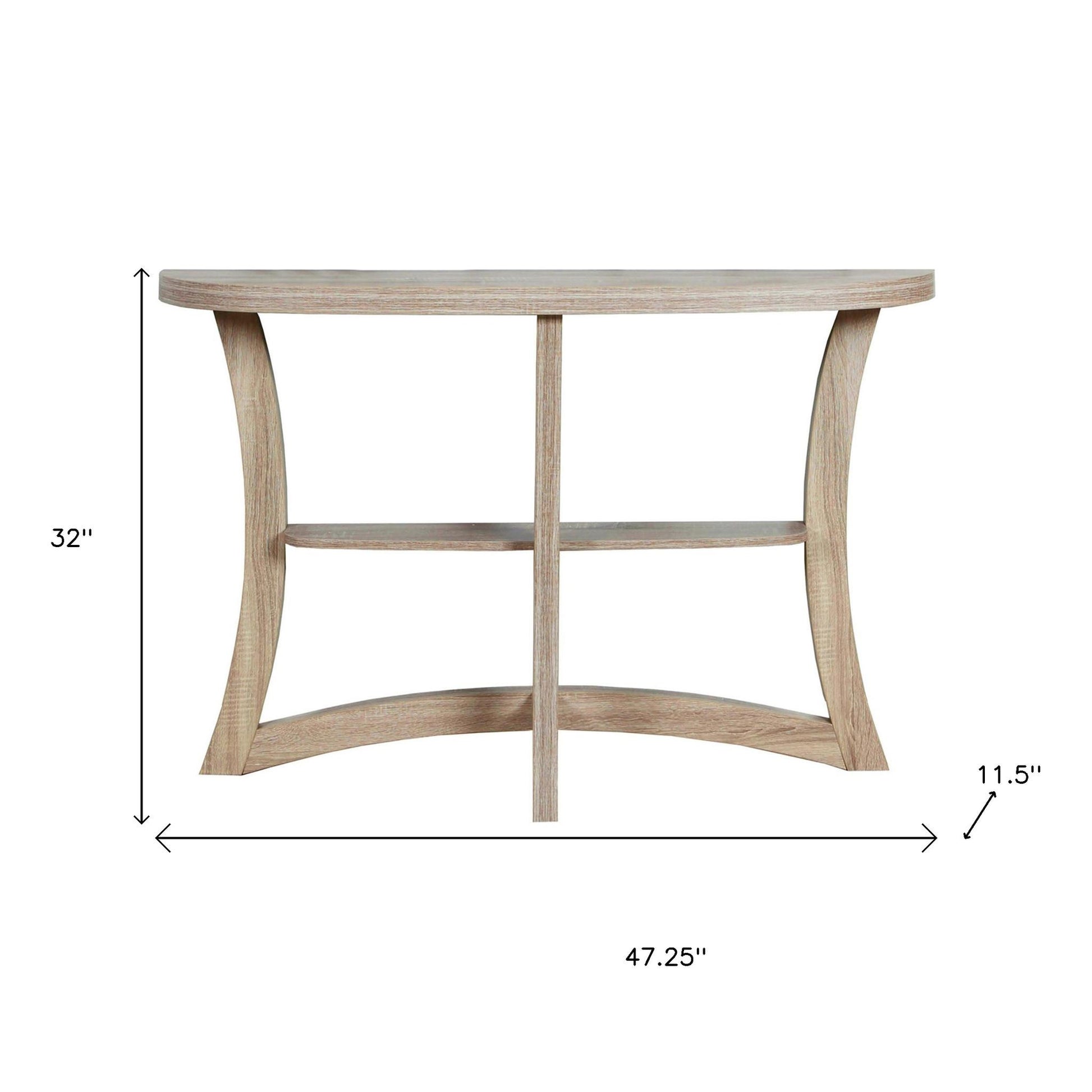 47" Taupe Half Moon Three Leg Console Table With Shelves-Console Tables-DECOROLALA