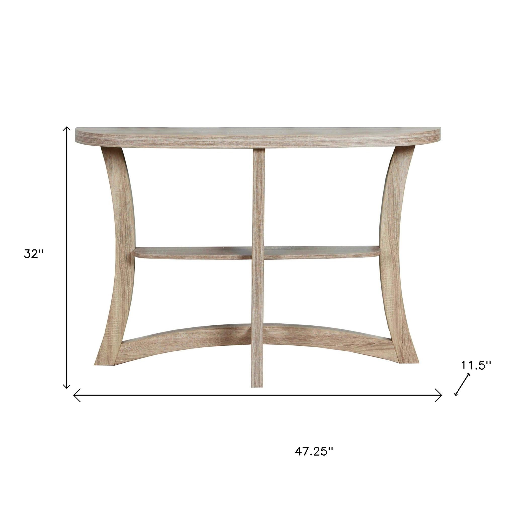 47" Taupe Half Moon Three Leg Console Table With Shelves-Console Tables-DECOROLALA
