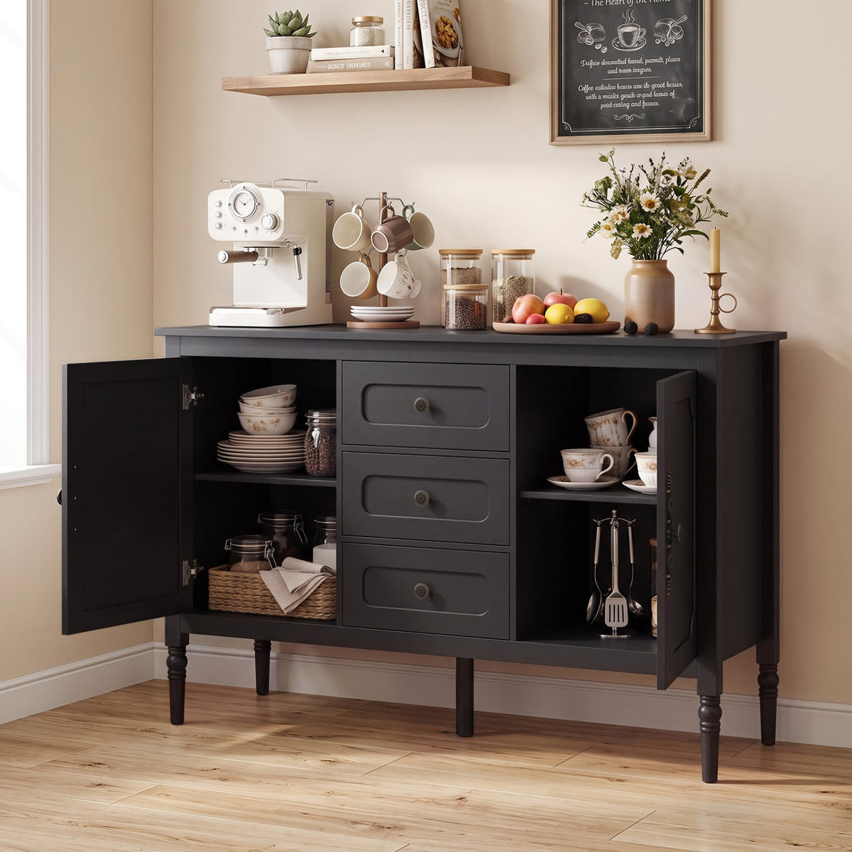 47" Vintage Buffet Cabinet with 3 Drawers 2 Cabinets and Adjustable Shelves for Dining Room-Black-Sideboards & Buffets-DECOROLALA