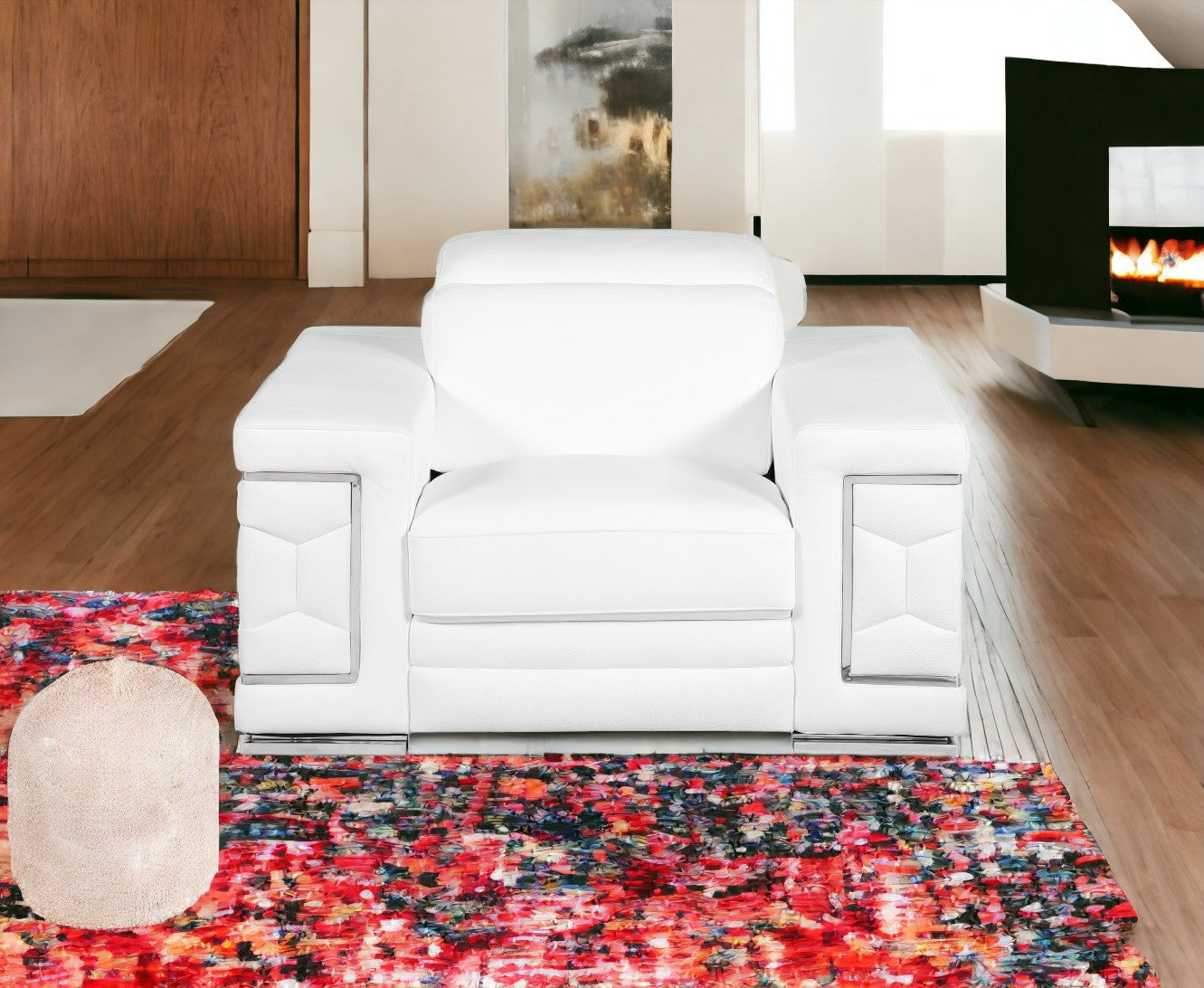 47" White And Silver Genuine Leather Arm Chair-Accent Chairs-DECOROLALA