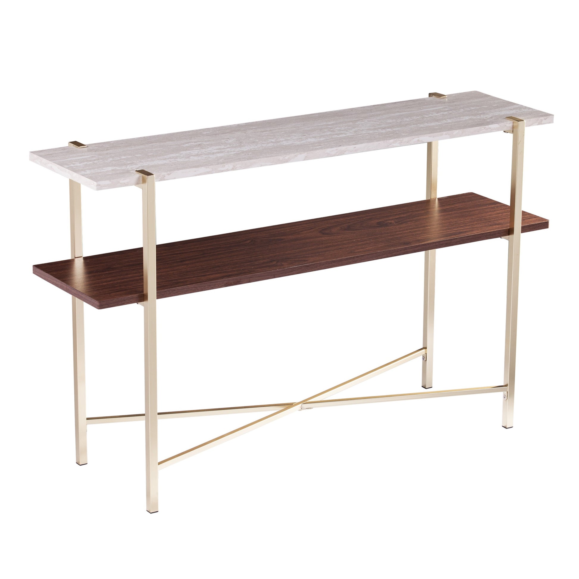 47" White Brass and Brown Faux Marble Console Table With Shelf-Console Tables-DECOROLALA