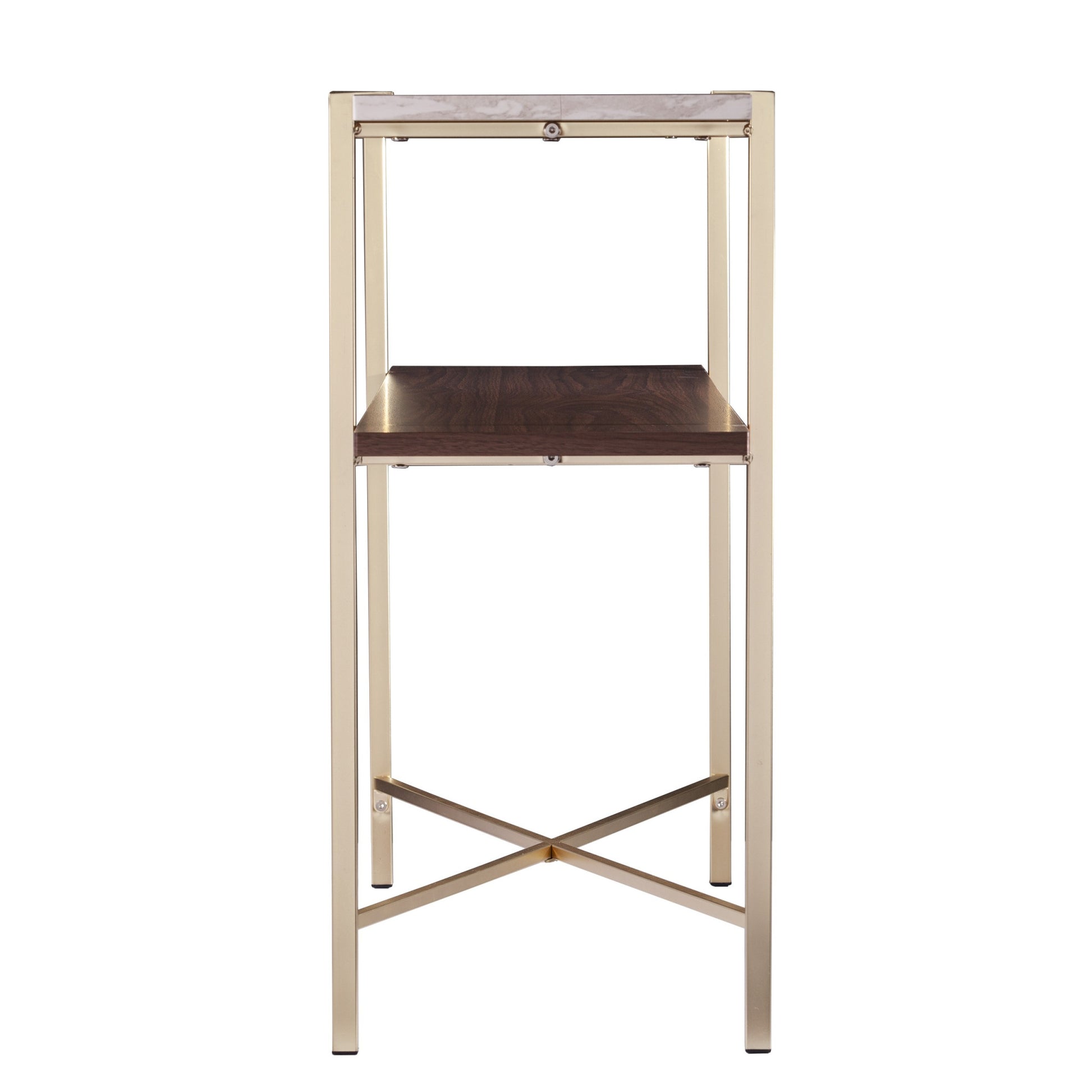 47" White Brass and Brown Faux Marble Console Table With Shelf-Console Tables-DECOROLALA