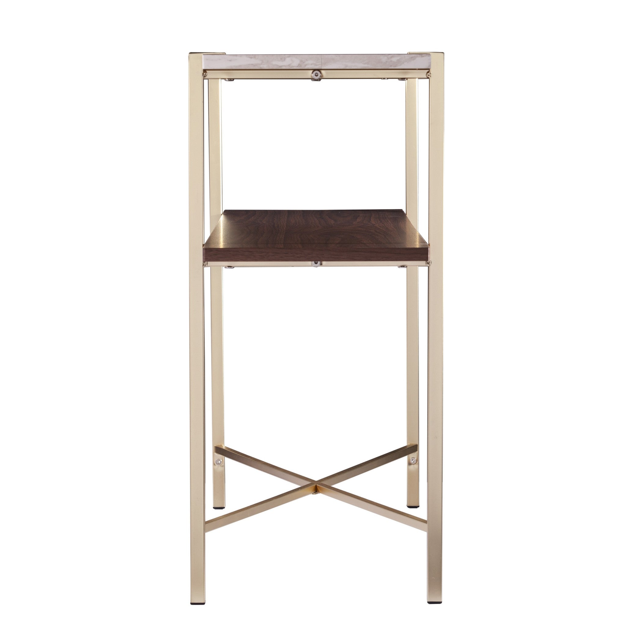 47" White Brass and Brown Faux Marble Console Table With Shelf-Console Tables-DECOROLALA