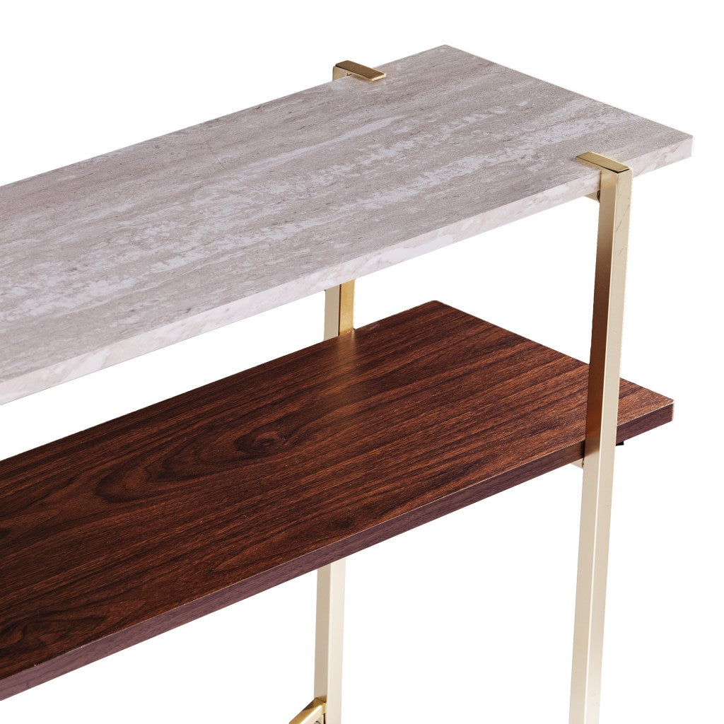 47" White Brass and Brown Faux Marble Console Table With Shelf-Console Tables-DECOROLALA