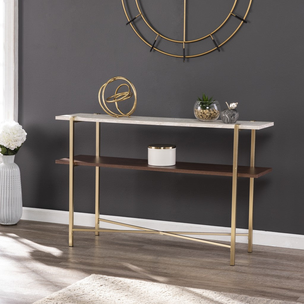 47" White Brass and Brown Faux Marble Console Table With Shelf-Console Tables-DECOROLALA