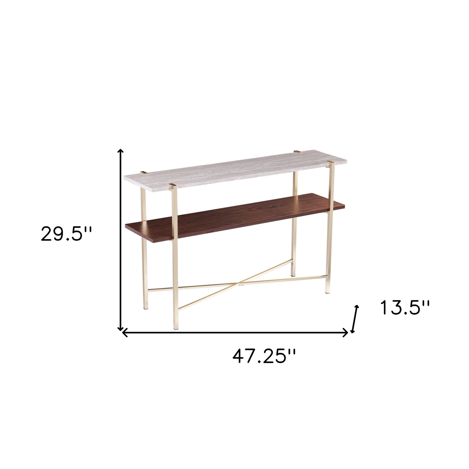 47" White Brass and Brown Faux Marble Console Table With Shelf-Console Tables-DECOROLALA