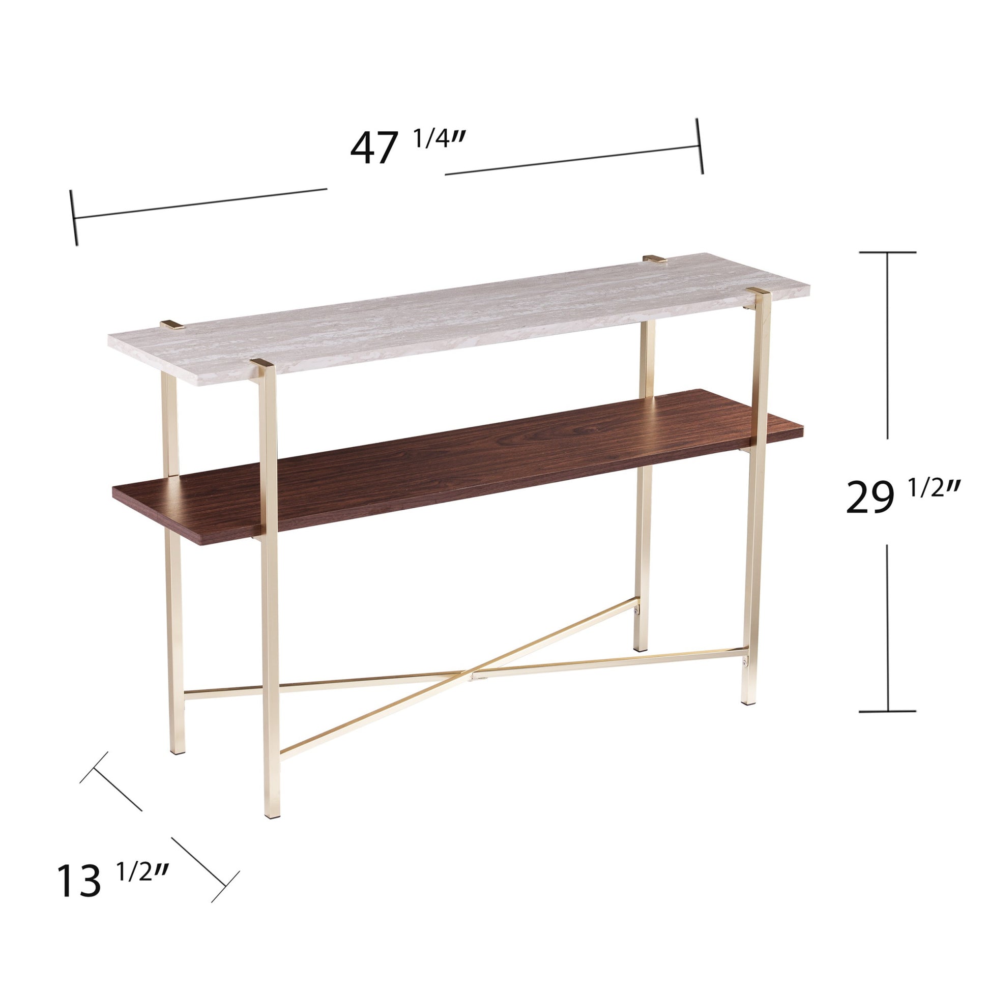 47" White Brass and Brown Faux Marble Console Table With Shelf-Console Tables-DECOROLALA
