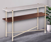 47" White Brass and Brown Faux Marble Console Table With Shelf-Console Tables-DECOROLALA