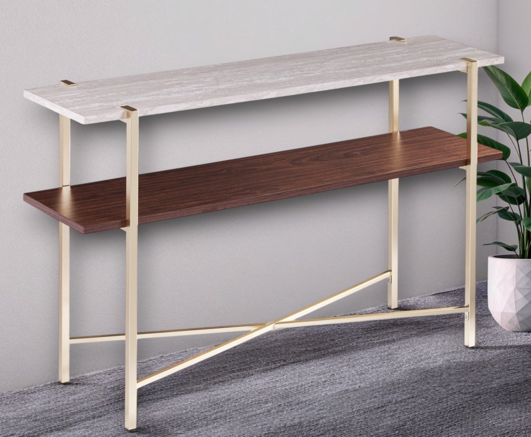 47" White Brass and Brown Faux Marble Console Table With Shelf-Console Tables-DECOROLALA