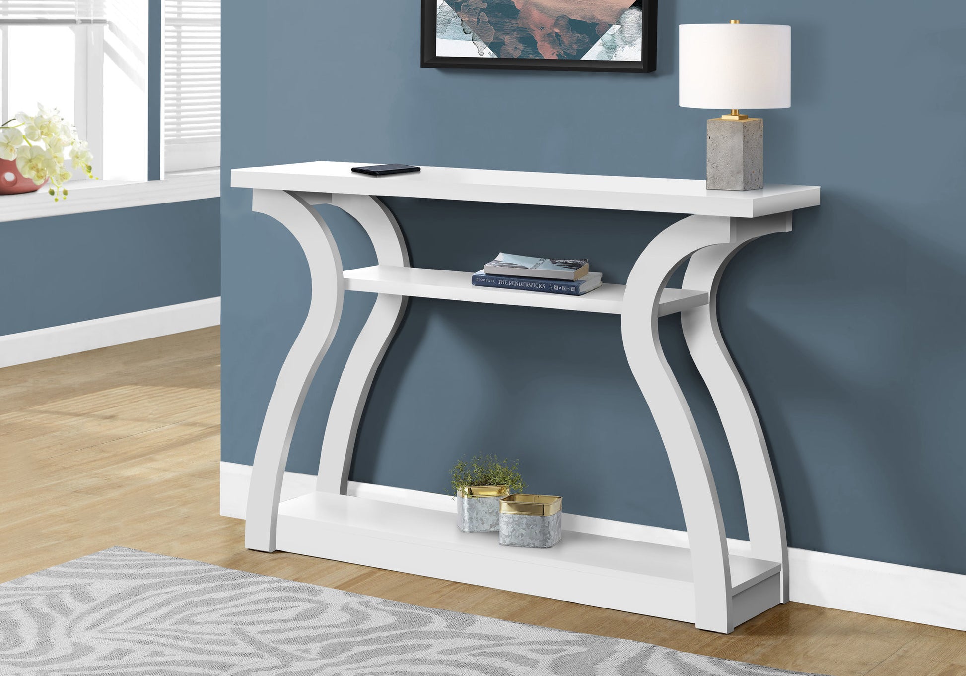 47" White Floor Shelf Console Table With Shelves-Console Tables-DECOROLALA