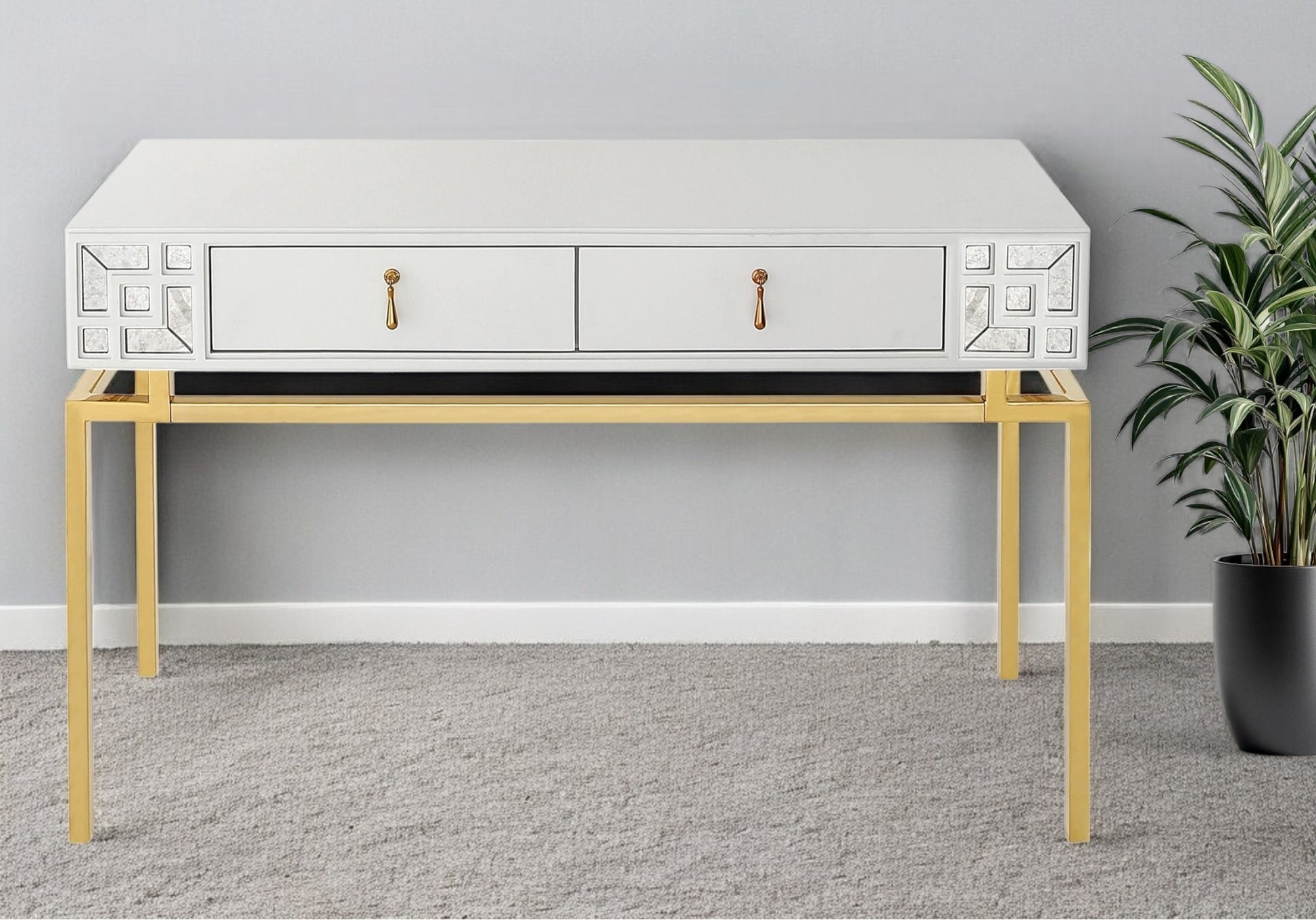 47" White and Gold Wood Console Table With Two Drawers-Console Tables-DECOROLALA