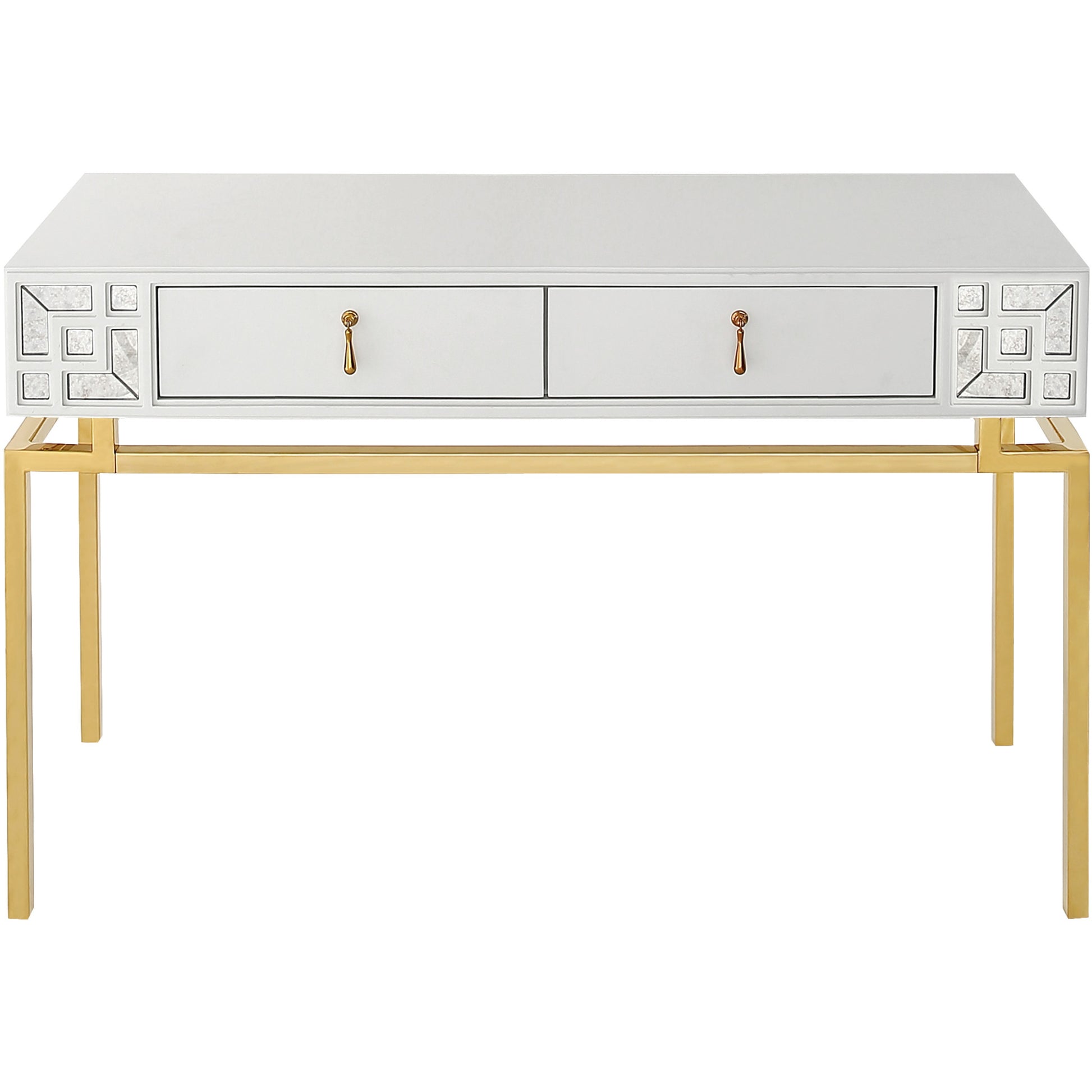 47" White and Gold Wood Console Table With Two Drawers-Console Tables-DECOROLALA