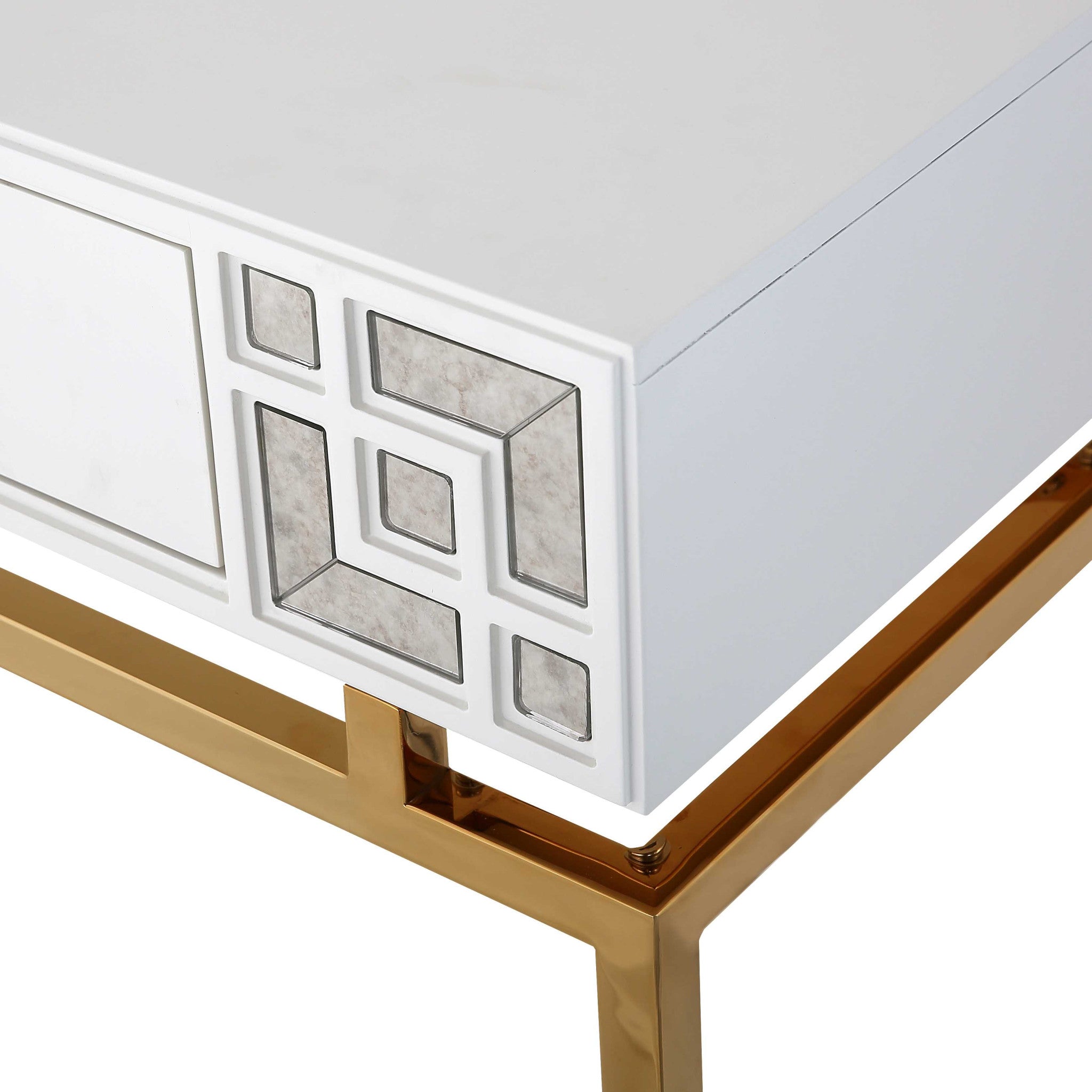 47" White and Gold Wood Console Table With Two Drawers-Console Tables-DECOROLALA