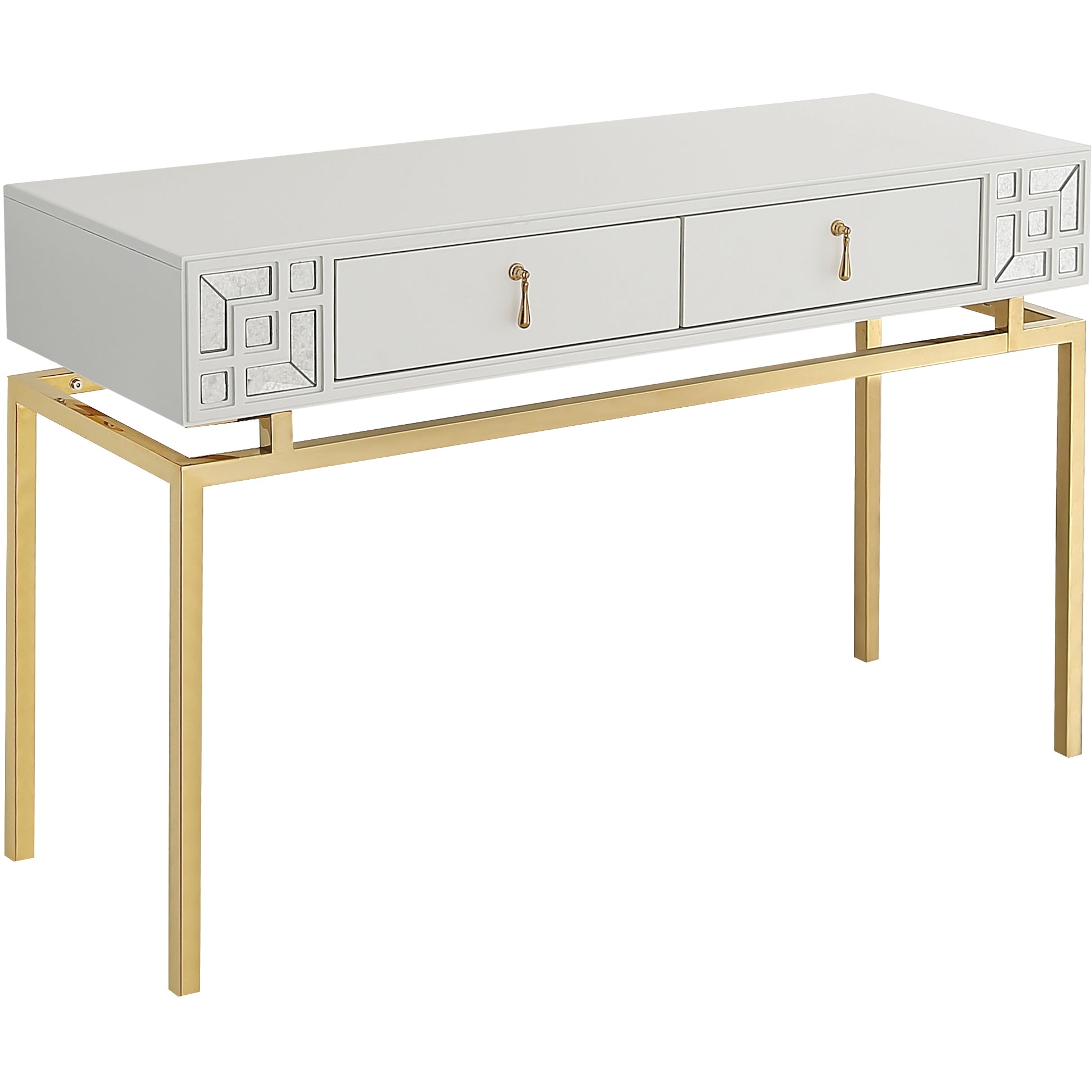 47" White and Gold Wood Console Table With Two Drawers-Console Tables-DECOROLALA