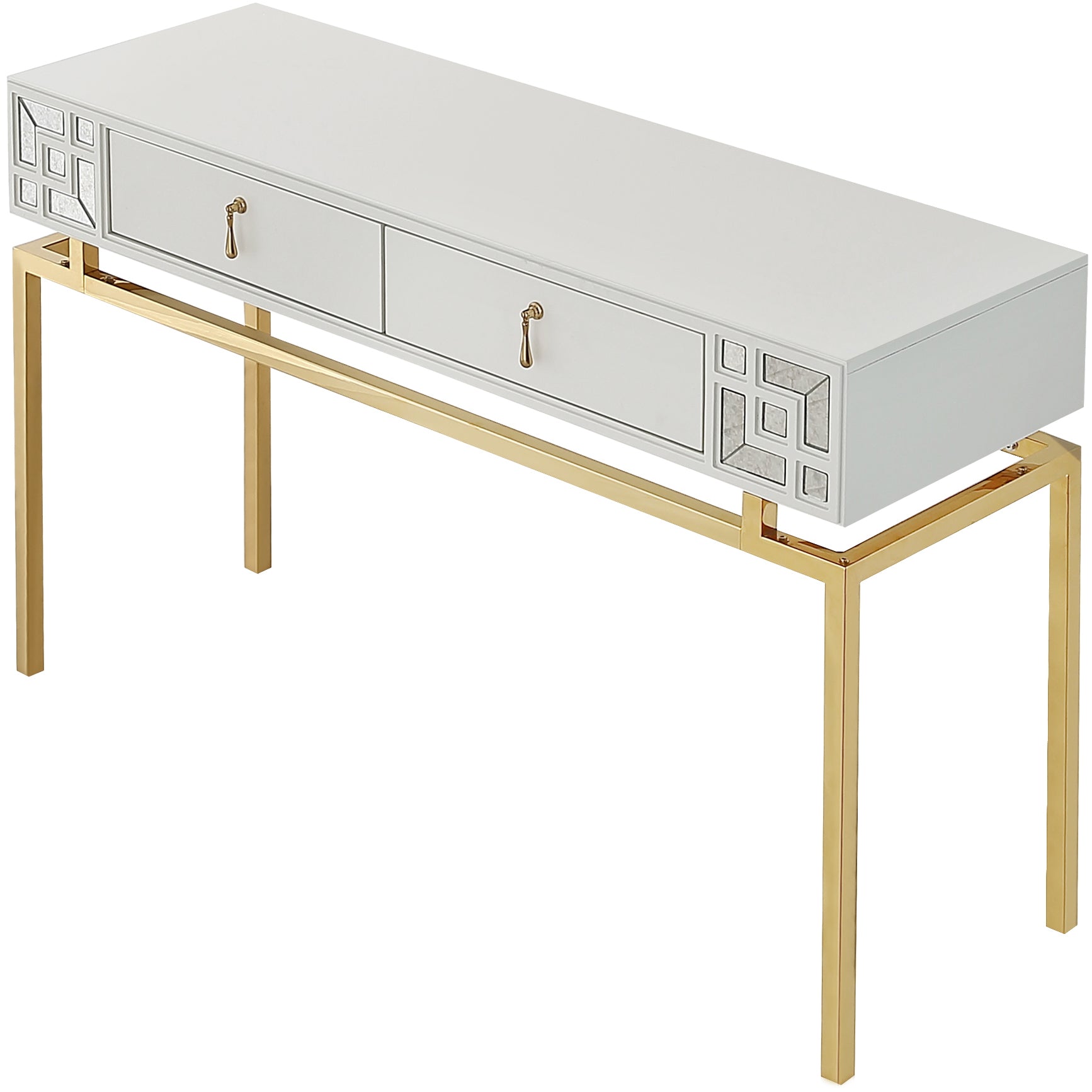 47" White and Gold Wood Console Table With Two Drawers-Console Tables-DECOROLALA