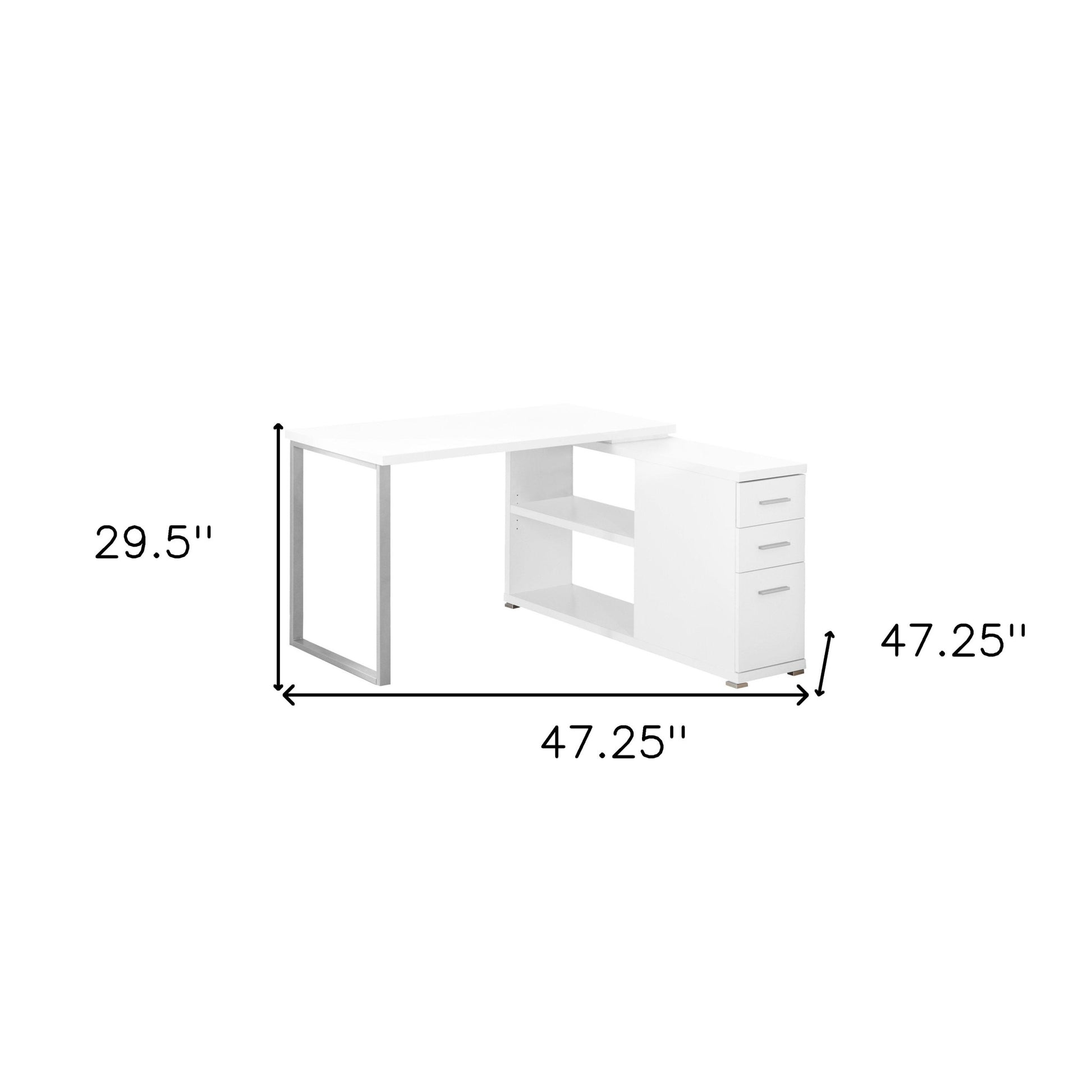 47" White and Silver L Shape Computer Desk With Three Drawers-Desks-DECOROLALA